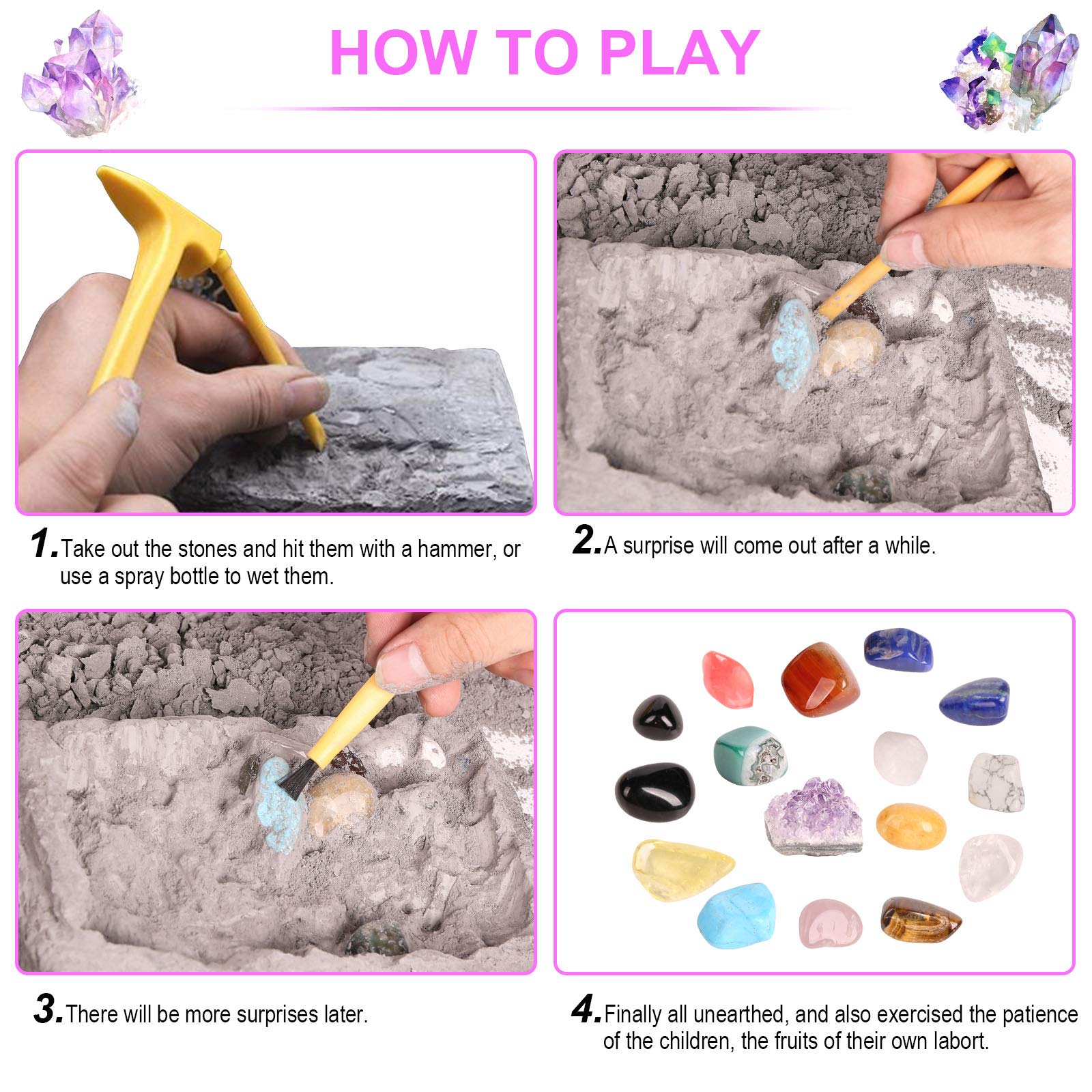 Gemstone Dig Kit, 16 Real Gem Stones and Crystals Excavation Kit, STEM Educational Toys Science Kit for Kids 5-7 8-12, Gem Digging Kit Rock Collection