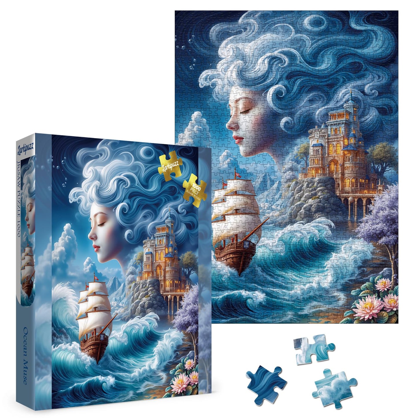 Larkipuzz Fantasy Women Ocean Puzzles for Adults 1000 Pieces, Beautiful Sea Landscape Jigsaw Puzzle, Difficult Sailboat Art Ship Puzzles