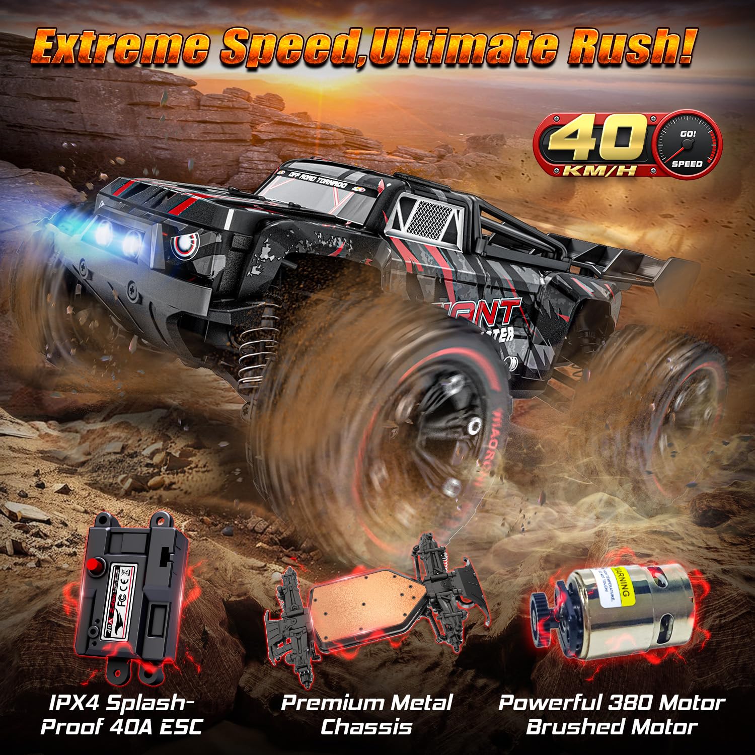 1:16 Scale All Terrain Fast RC Cars for Adults 40KPH, 4WD Electric Off-Road Remote Control Monster Truck with Metal Chassis, 2.4Ghz High Speed Car