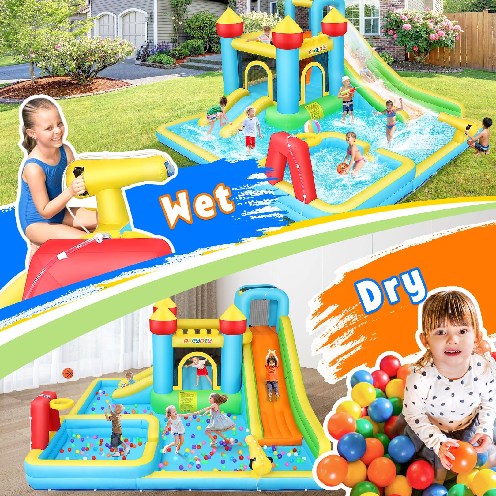 AKEYDIY Bounce House Water Slide,Giant Inflatable Water Slide for Big Kids 8-12 & Ages 3-10,Bounce House with Water Slide&Deep Pool,Blow Up Water