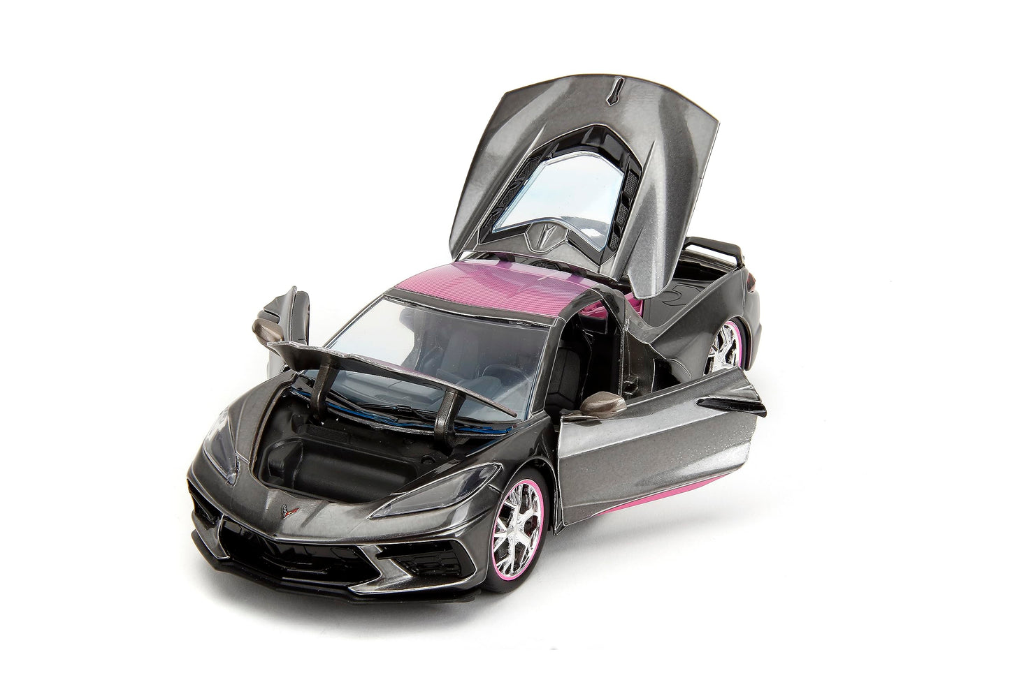 Jada Pink Slips 1:24 W2 2020 Chevy Corvette Stingray Die-Cast Car w/Base, Toys for Kids and Adults(Metallic Grey/Pink)