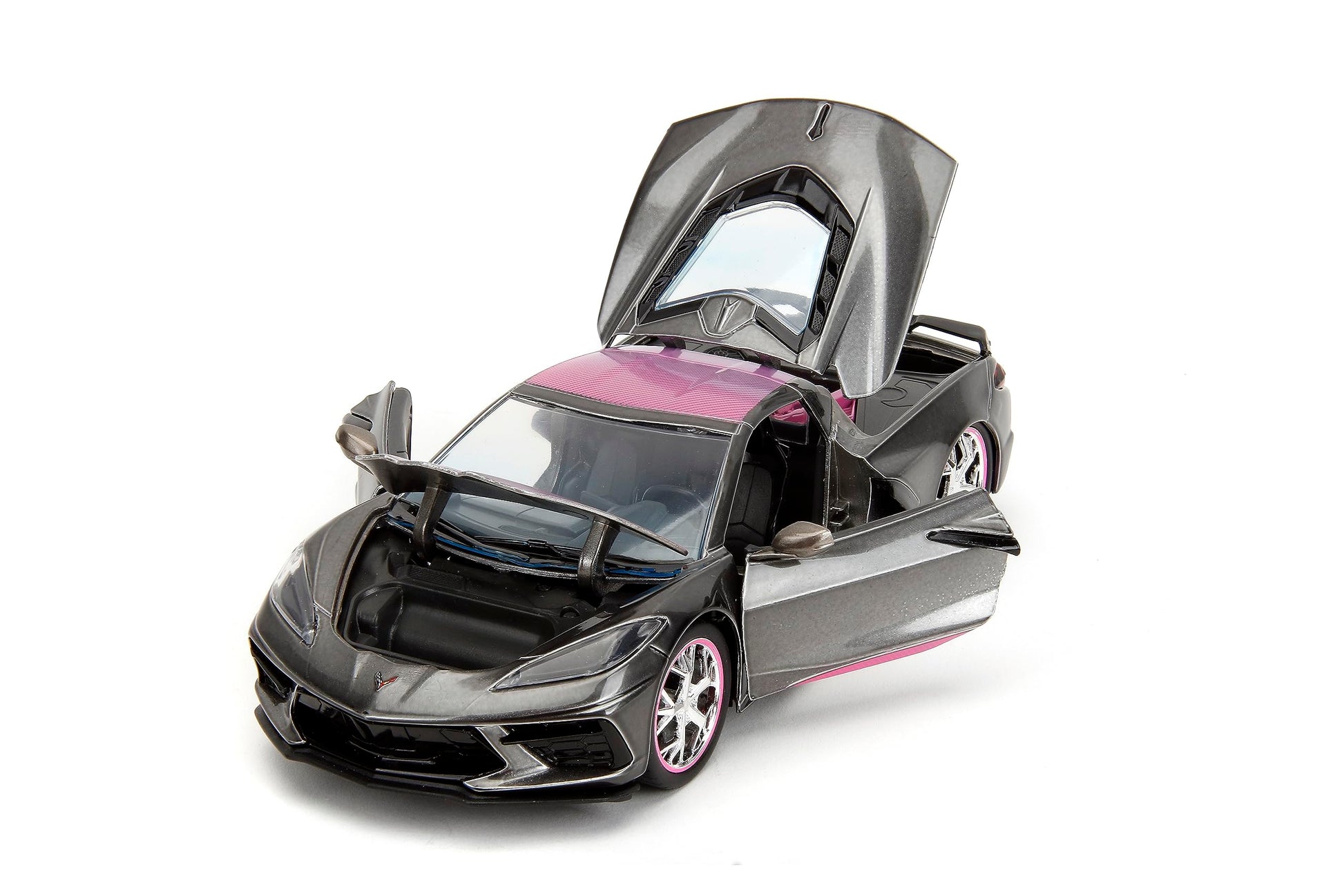 Jada Pink Slips 1:24 W2 2020 Chevy Corvette Stingray Die-Cast Car w/Base, Toys for Kids and Adults(Metallic Grey/Pink)