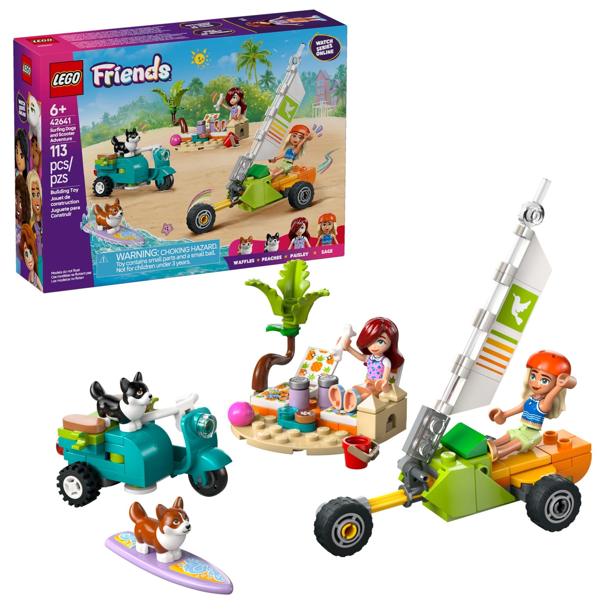 LEGO Friends Surfing Dogs and Scooter Adventure - Building Toy Pretend Play Set for Kids, Girls and Boys, Ages 6+ - with 2 Minidolls and 2 Corgi Toy