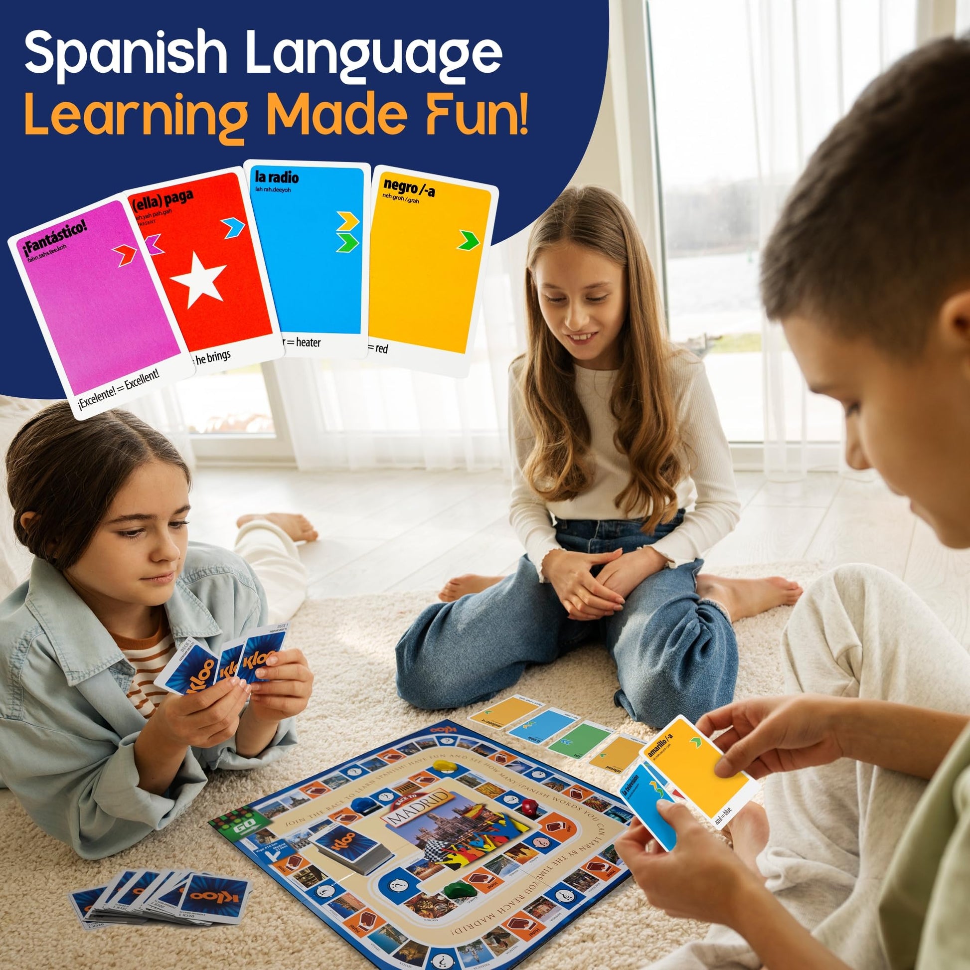 Spanish Board Game - Race to Madrid | Easy to Learn Words, Grammar, Verbs | Fun for Adults, Kids, Beginners, Classroom | 4 Decks Dynamic Flash Cards