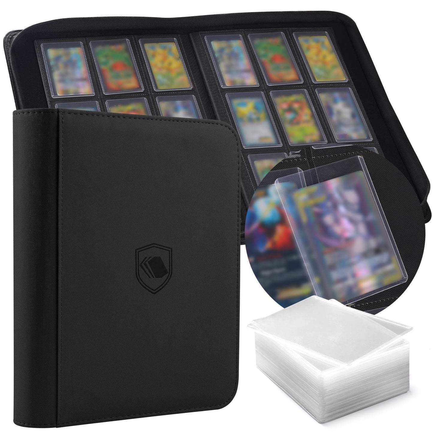 Toploader Binder, Holds 360 Toploader, 100 Toploaders INCLUDED, 9-Pocket PU Cover Top Loader Binder for 3" x 4" Rigid Toploaders, Ringless