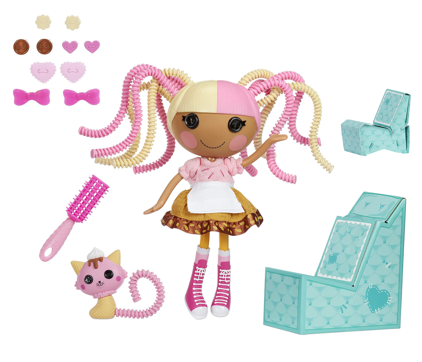 Lalaloopsy Silly Hair Scoops Waffle Cone Doll & Pet Cat, 13" Ice Cream Multicolor Hair Styling Doll & 11 Accessories, Salon Playset - Kids Gifts, Toys