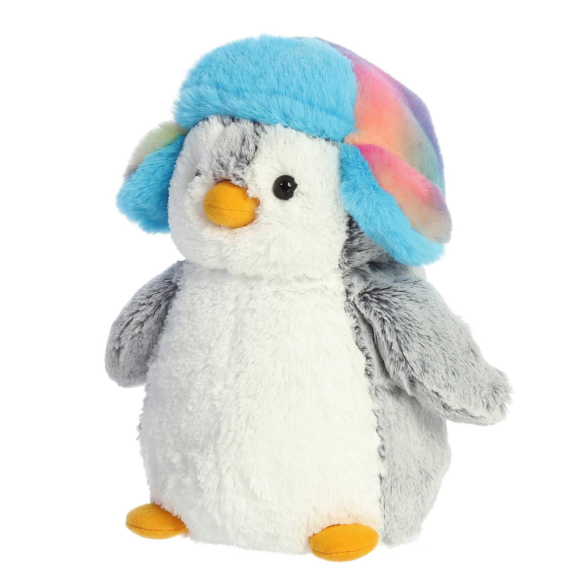 Aurora Festive Pompom Penguin Pom Pom Rainbow Trapper Stuffed Animal - Vibrant Companions - Endless Fun - Gray 9 Inches