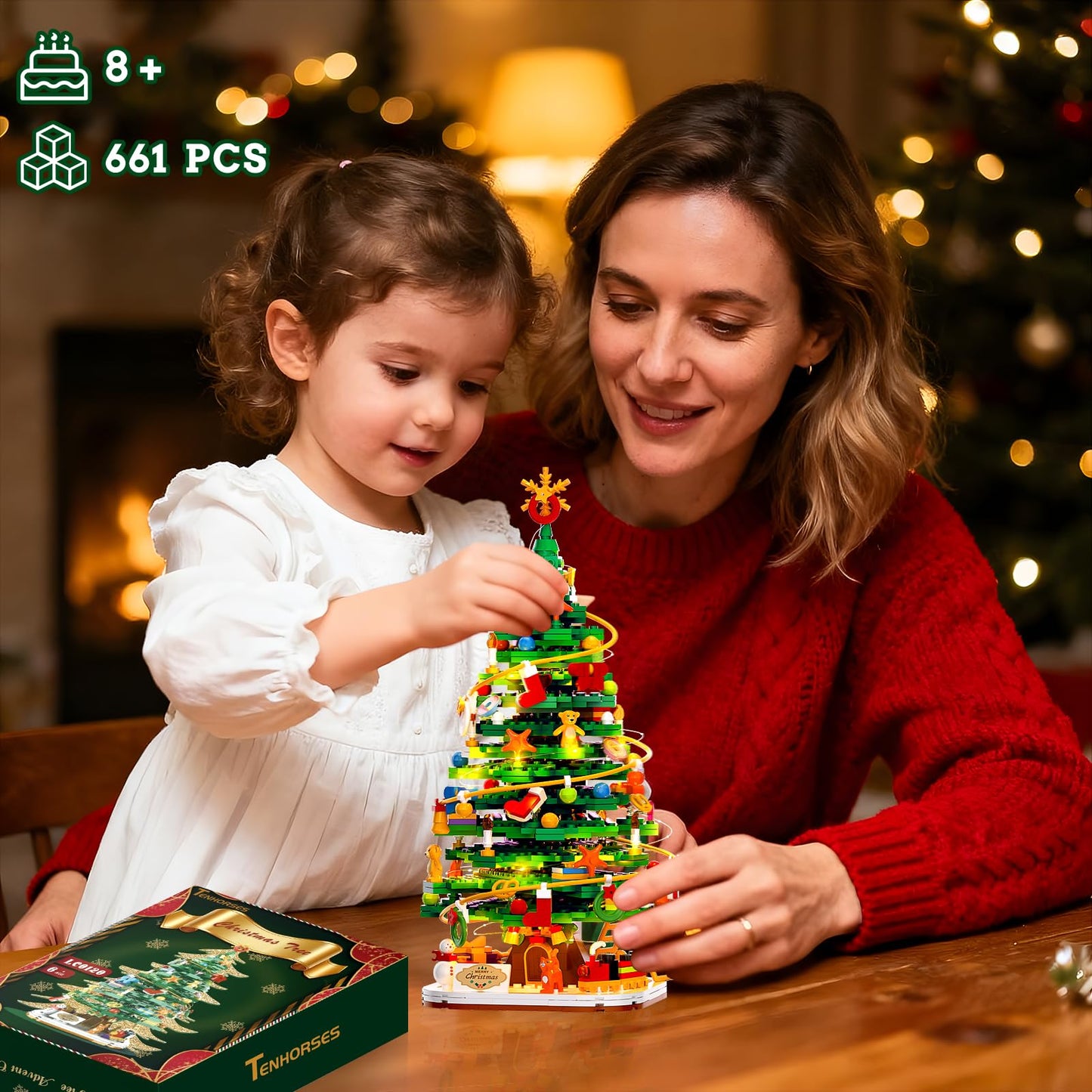 Christmas Tree with LED Light Building Blocks, Compatible with Lego Christmas Ornaments Set for Tabletop Home, Wreath Snowflake Xmas Decoration