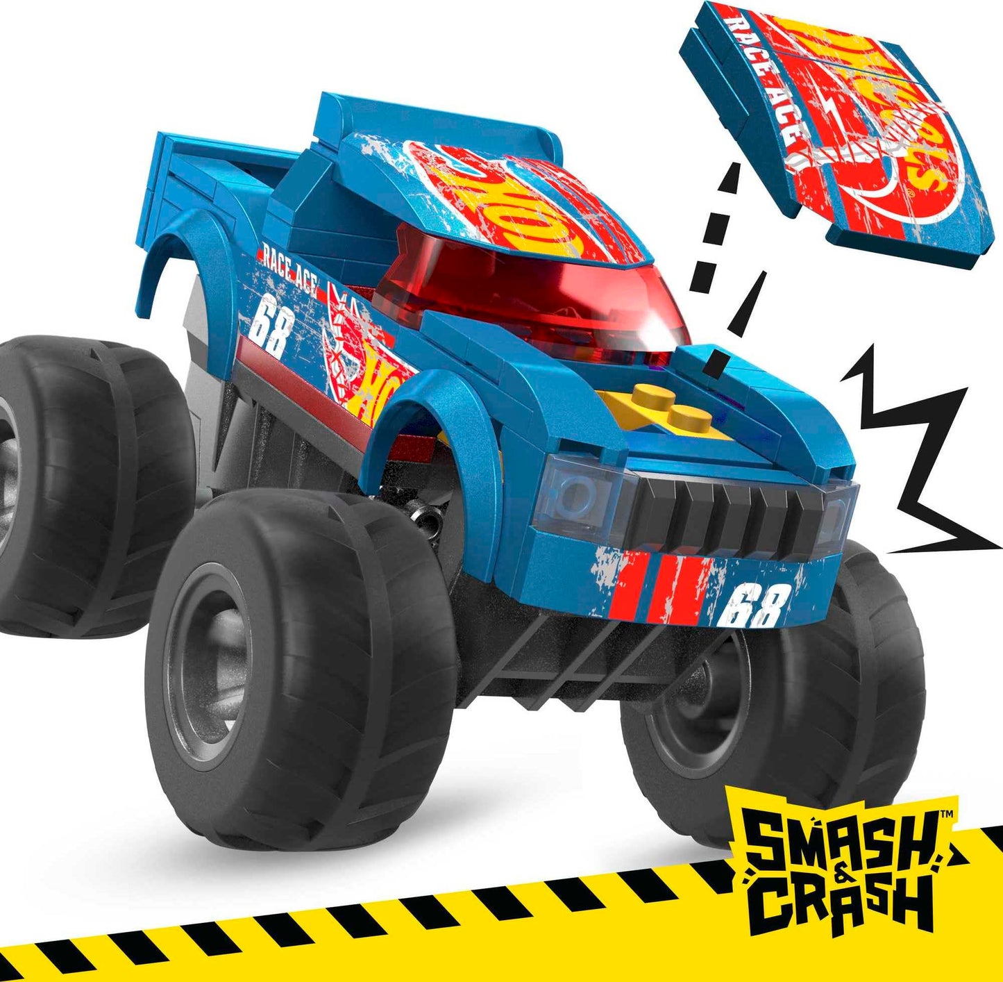 MEGA Hot Wheels Monster Trucks Toy Car Building Set, Smash & Crash Race Ace with 85 Pieces, 1 Micro Action Figure Driver, Blue, Kids Age 5+ Years