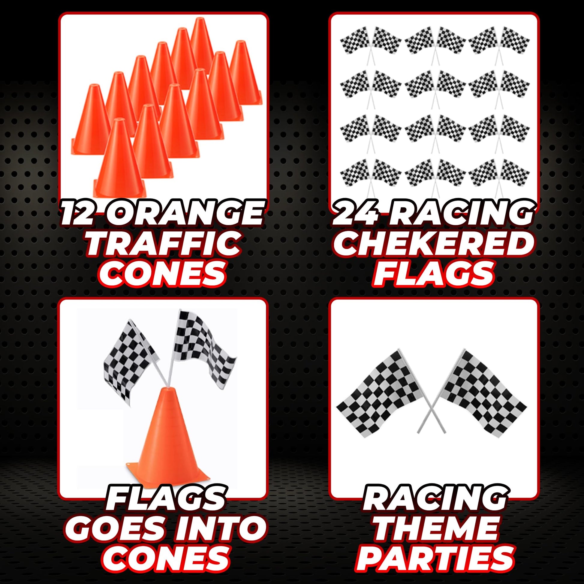 Bedwina Race Car Birthday Party Decorations - (36 Pcs) 12 - 8-Inch Orange Mini Cones for Kids & 24 Black & White Checkered Flags on Sticks - Race Car