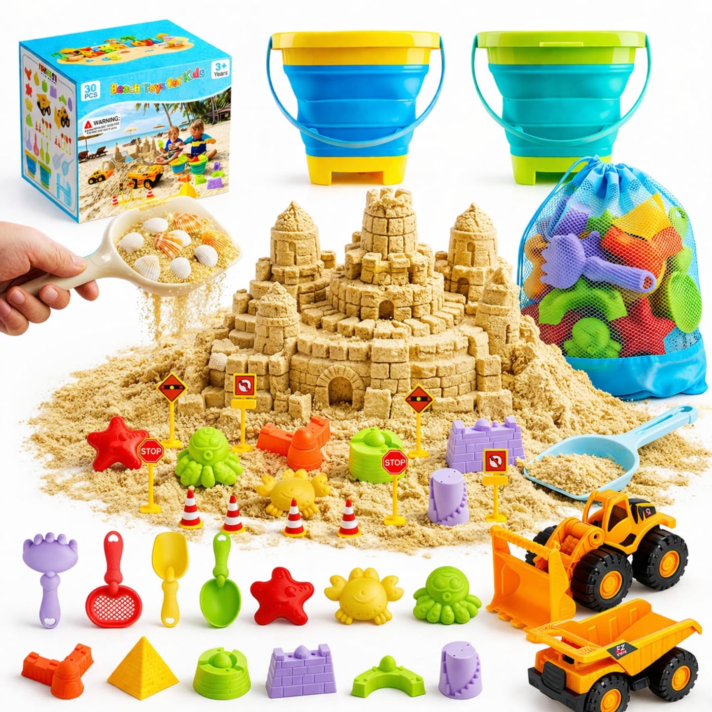 KONYXALU 30PCS Beach Toys for Kids 3-10 | 2 Collapsible Buckets & Mesh Bag
