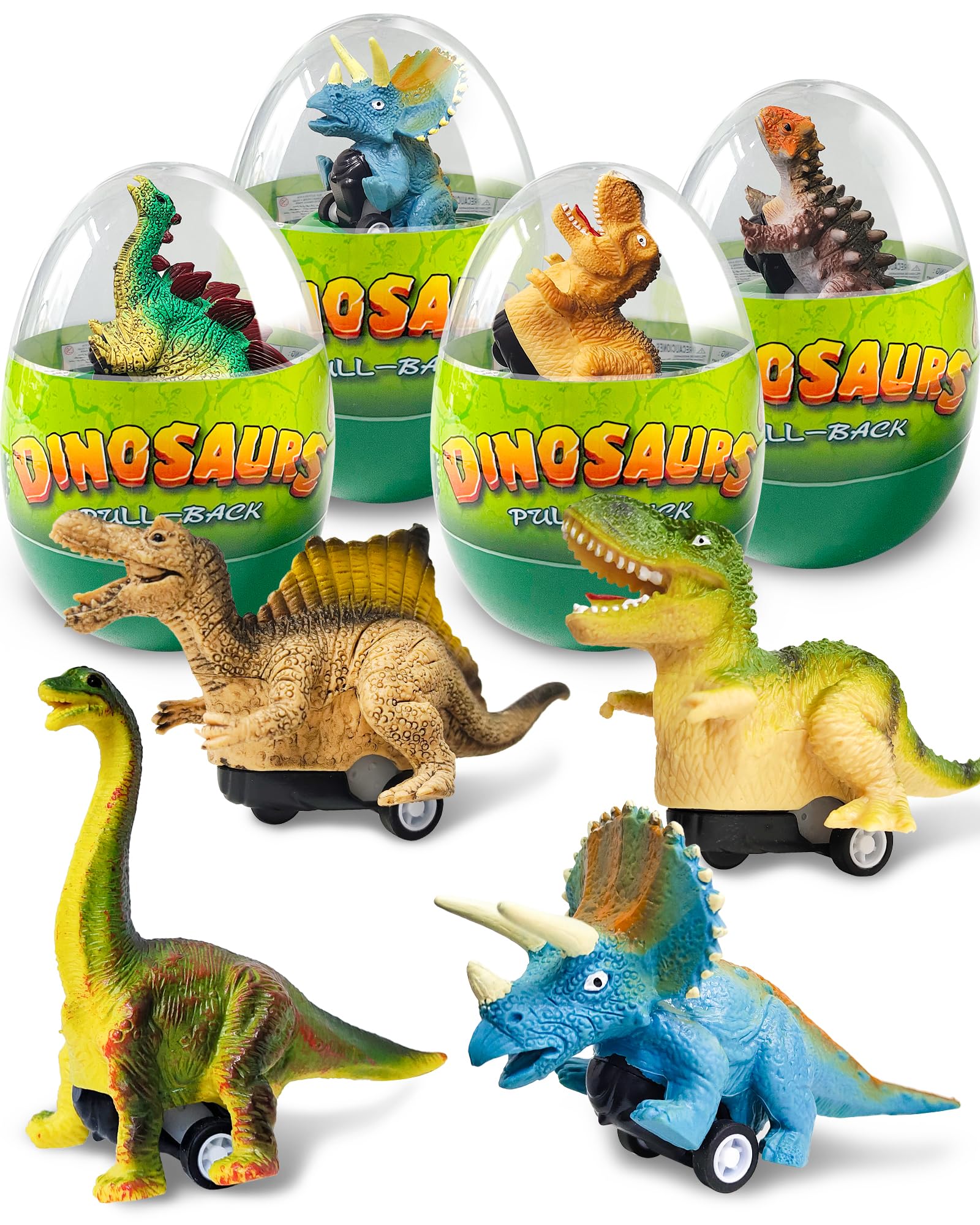Greingways 4 Pack Dinosaur Pull Back Cars Prefilled Plastic Easter Eggs with Toys Inside Filled, Toddler Easter Basket Stuffers Egg Fillers Montessori