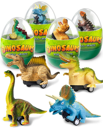 Greingways 4 Pack Dinosaur Pull Back Cars Prefilled Plastic Easter Eggs with Toys Inside Filled, Toddler Easter Basket Stuffers Egg Fillers Montessori