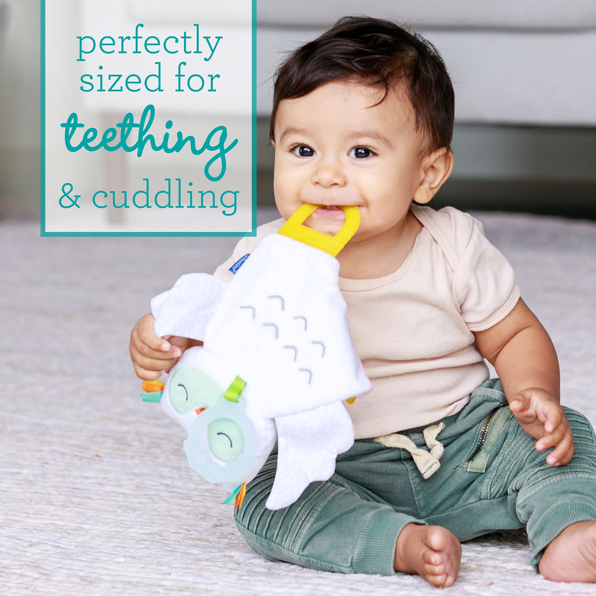 Infantino Glow-in-the Dark Cuddly Teether - Owl Soft Toy with 3 Textured Teethers, Fiddle Flags, Crinkle Sounds, Soft Material, On the Go Toy