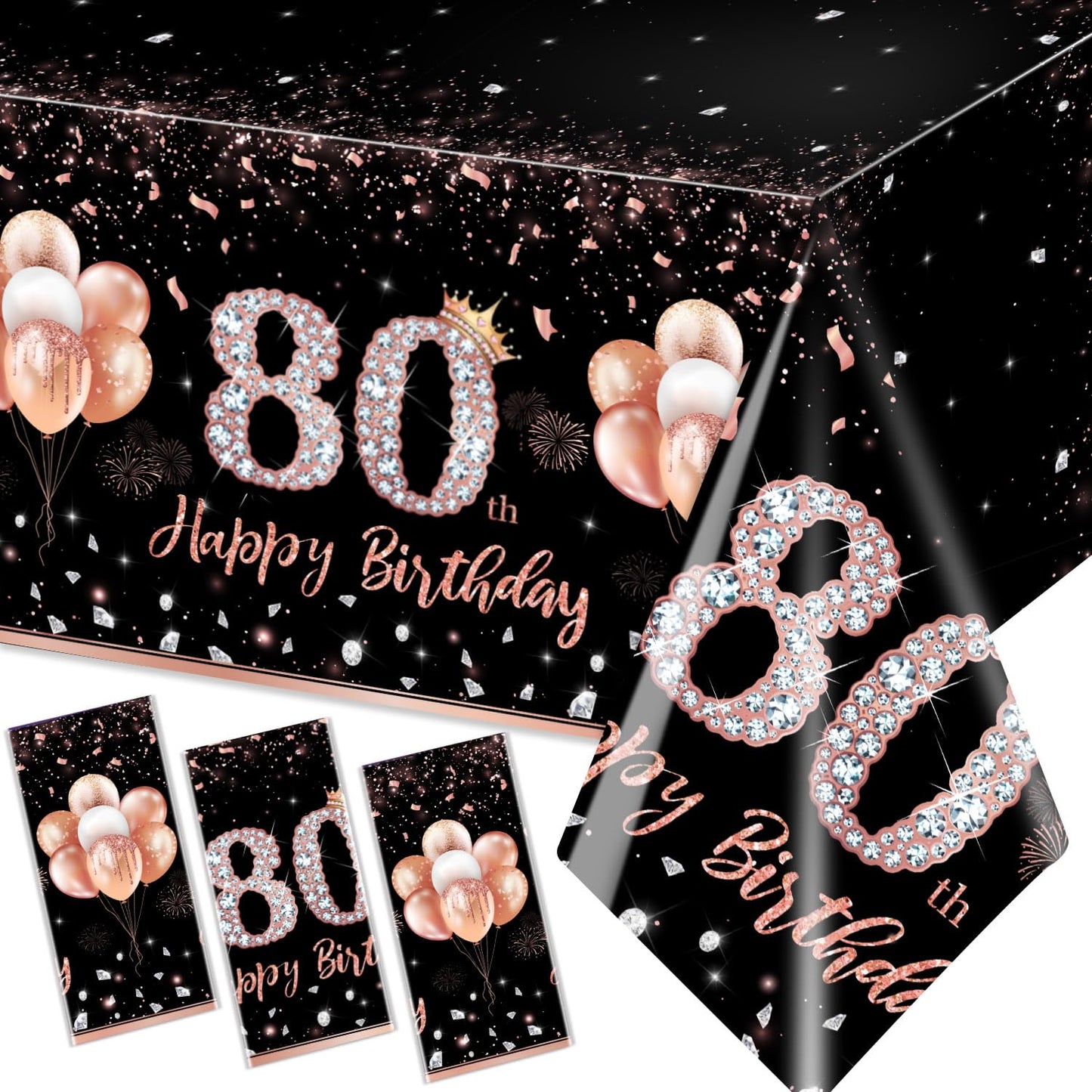 GREHUMOR 3Pcs 80th Birthday Tablecloth Decorations for Women-Rose Gold Pink Table Cloth Happy 80 Birthday Theme Party Supplies Table Cover Plastic