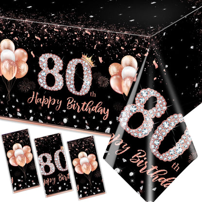 GREHUMOR 3Pcs 80th Birthday Tablecloth Decorations for Women-Rose Gold Pink Table Cloth Happy 80 Birthday Theme Party Supplies Table Cover Plastic