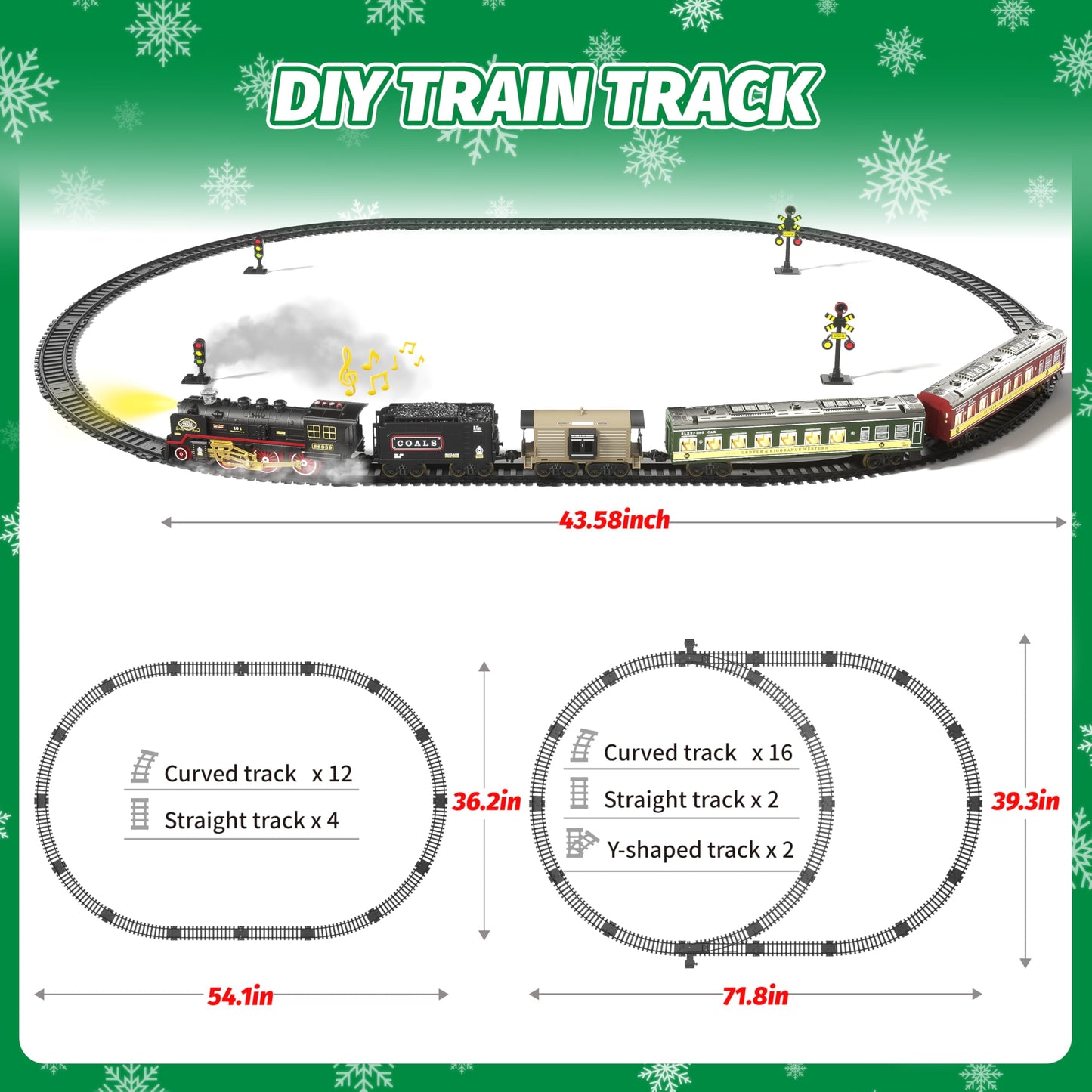 Funwee Electric Steam Train Set with Glowing Passenger Carriages,Locomotive Train Model for Under Christmas Tree with Lights,Smoke and Sounds,Gift