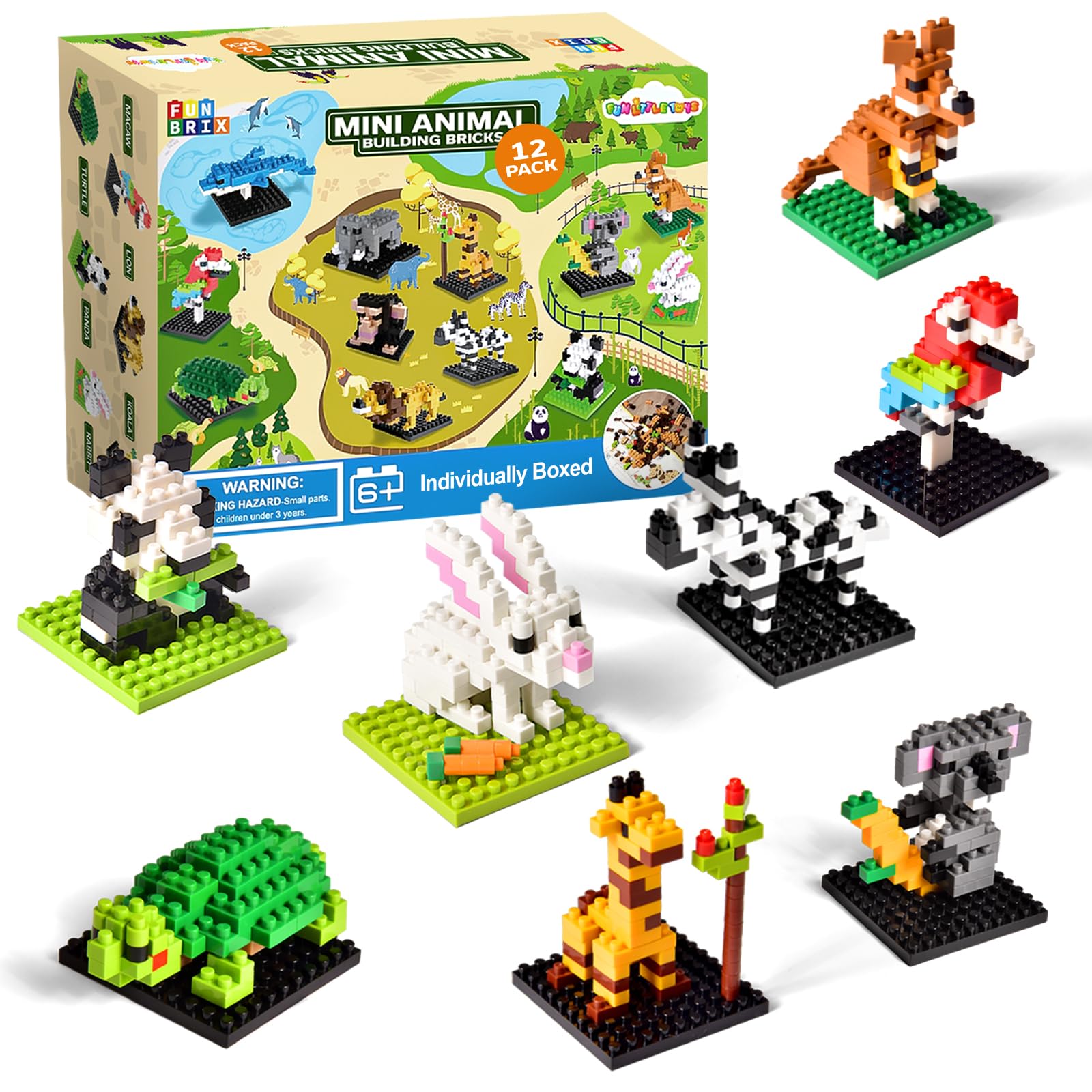 FUN LITTLE TOYS Mini Animal Building Blocks - 12 Pack, No Duplicates, Individually Boxed Zoo Sets for Kids 6-12, Party Favors, Classroom Prizes