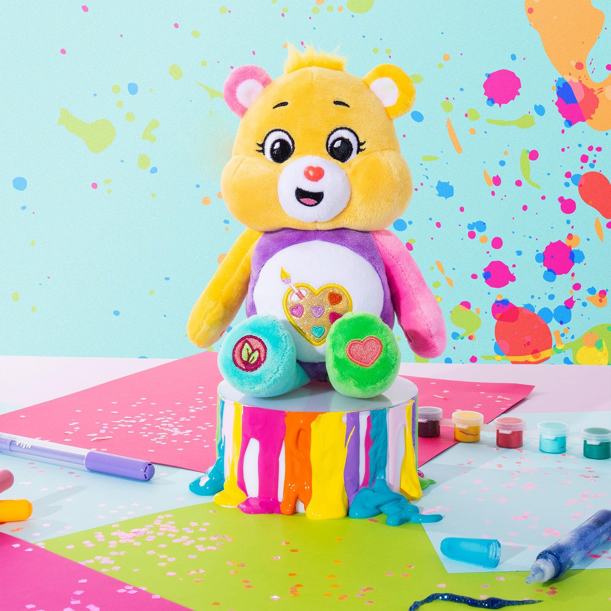 Basic Fun Care Bears 22 cm Glitter Plush - Artwork Bear Environmentally Friendly Cuddly Toy with Glitter Belly Badge - Collector's Plush for Children