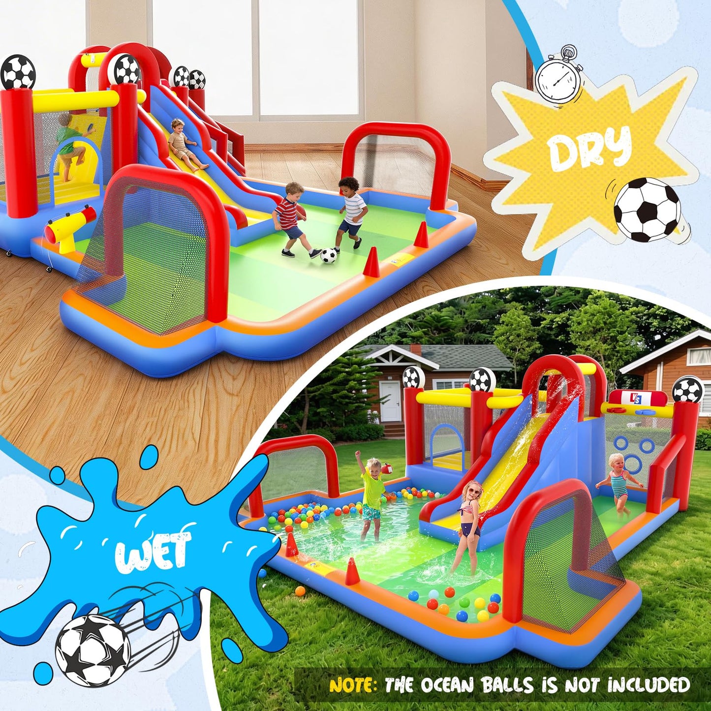 Inflatable Bounce House for Big Kids, 11 in 1 Gameplay Mode Bounce House with Slide, Soccer Bounce House with Water Slide for Backyard, Party