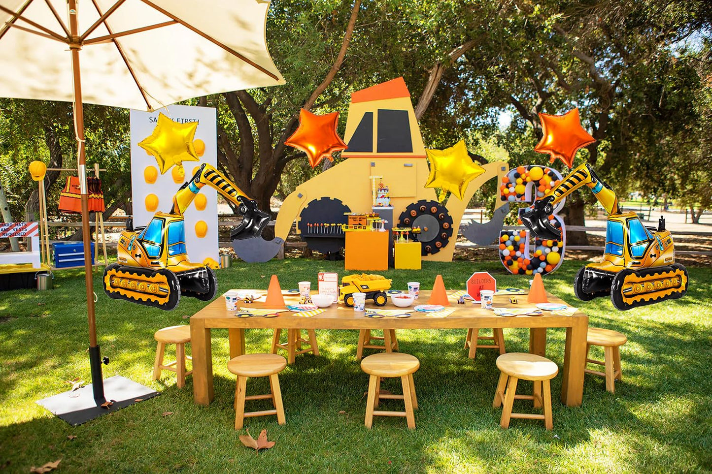 Construction Balloons, Self Standing 4D Excavator Balloon, Golden and Orange Star Balloon, Number 3 Foil Balloons for Kids 3rd Birthday Party