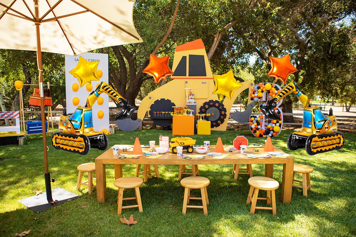 Construction Balloons, Self Standing 4D Excavator Balloon, Golden and Orange Star Balloon, Number 3 Foil Balloons for Kids 3rd Birthday Party