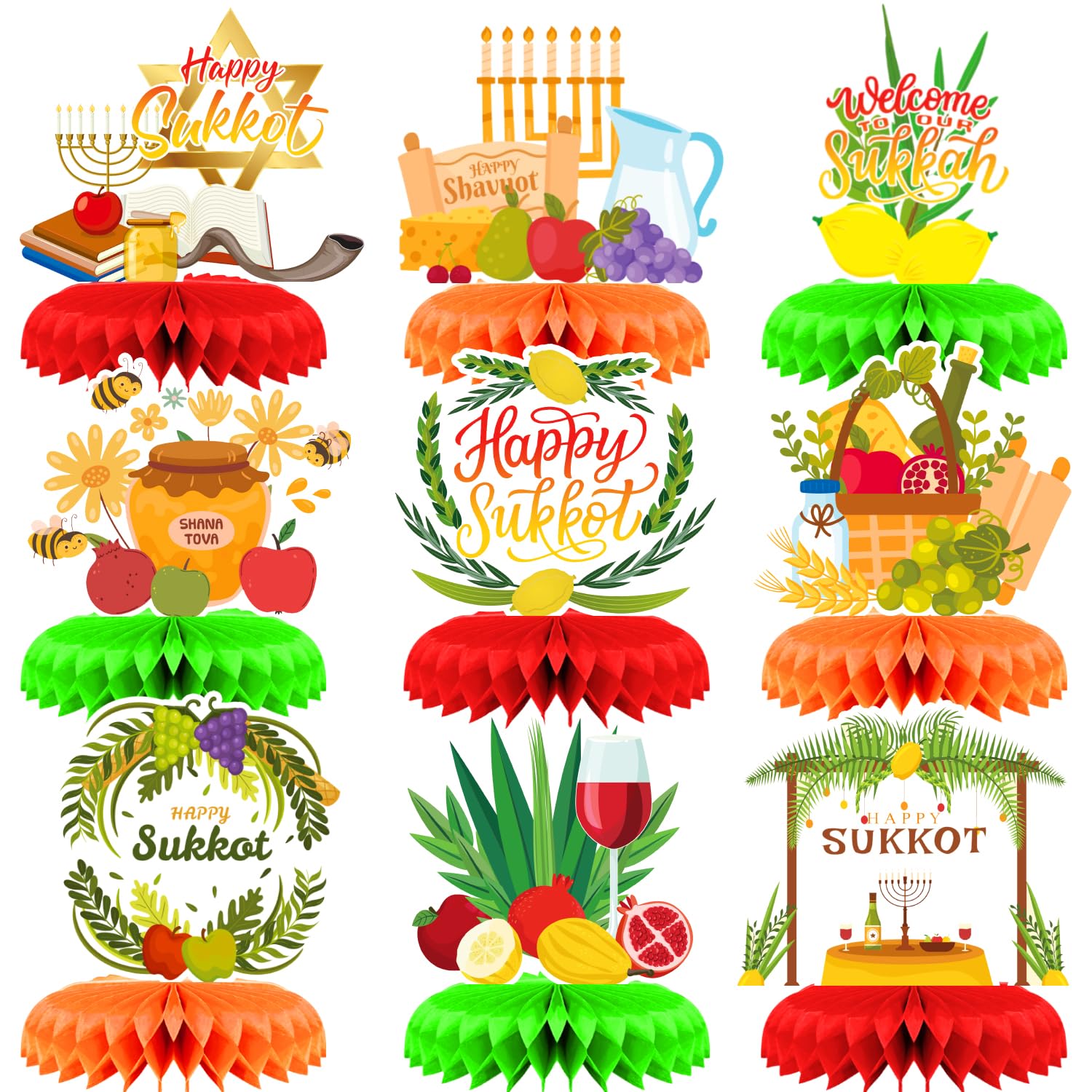 LOONELO 9 Pcs Happy Sukkot Honeycomb Centerpieces, Sukkot Table Decorations Table Toppers Party Decorations for Jewish Holiday Celebration Festival