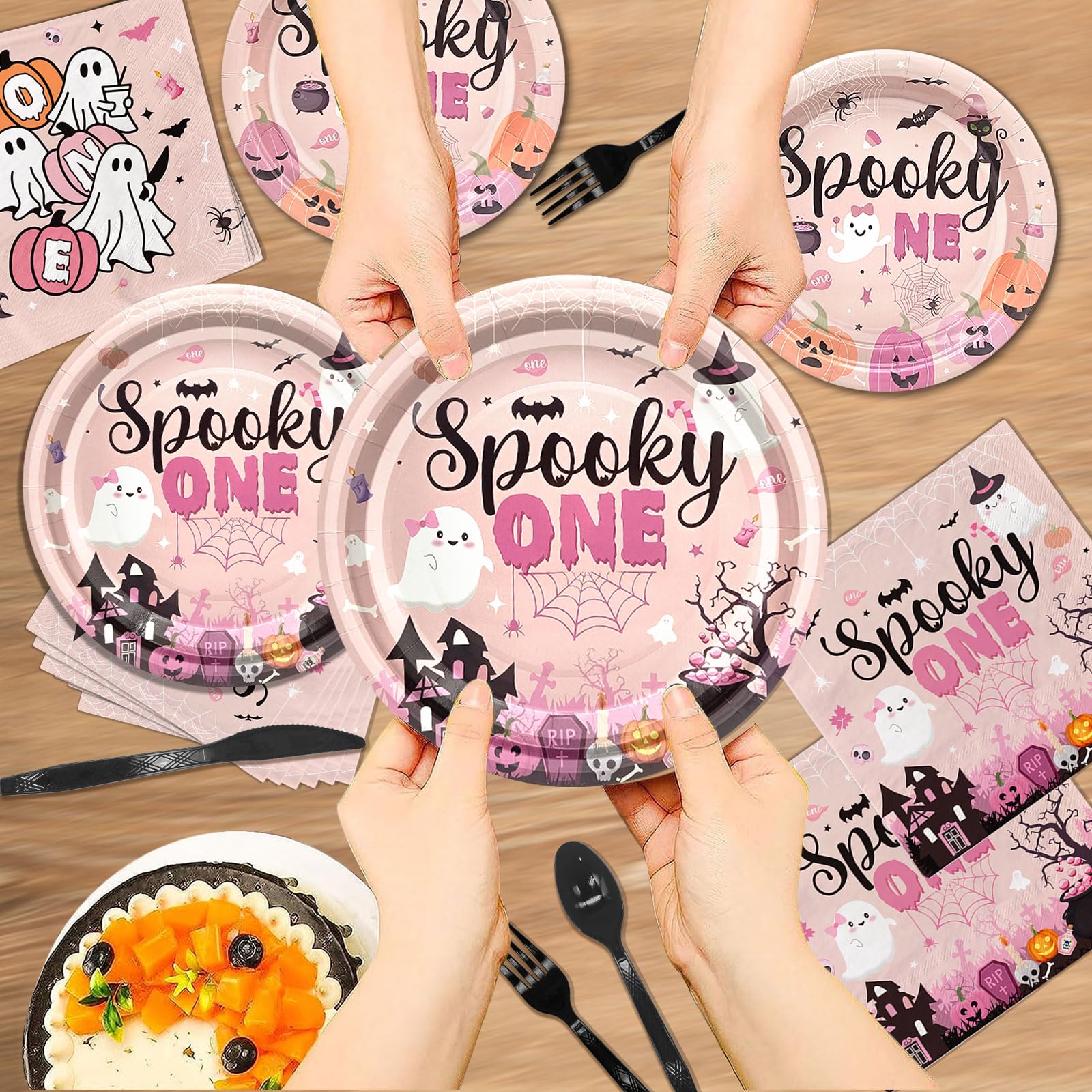 Yavxzvbw 144Pcs Spooky One Birthday Decorations Girl Pink Halloween Plates and Napkins Halloween 1st Birthday Party Decorations for Halloween Birthday
