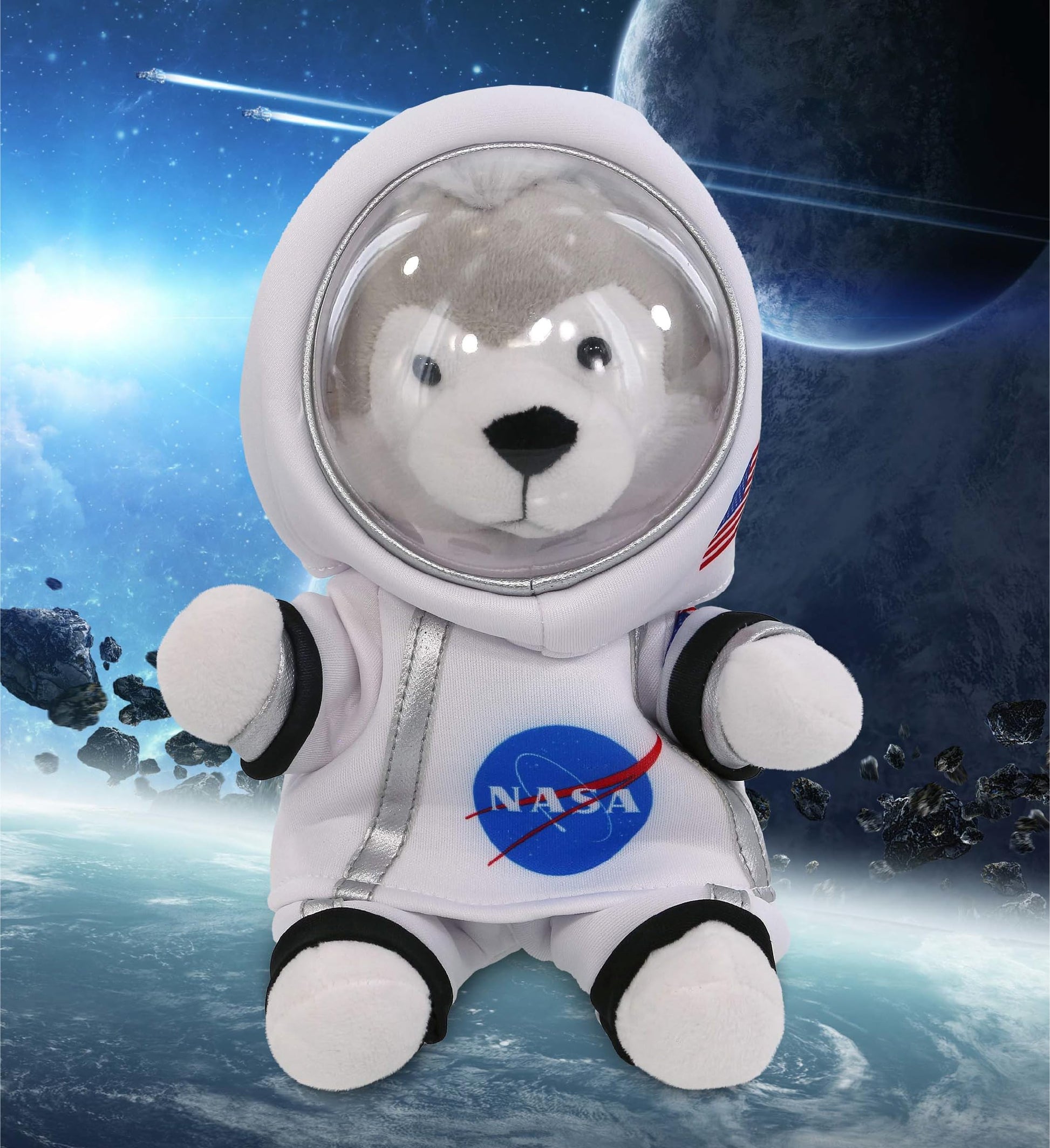 DolliBu Grey Wolf Astronaut Plush Toy - Wild Life Astronaut Stuffed Animal with Space Helmet and NASA Astronaut Suit, Spaceman Doll Decor for Girls