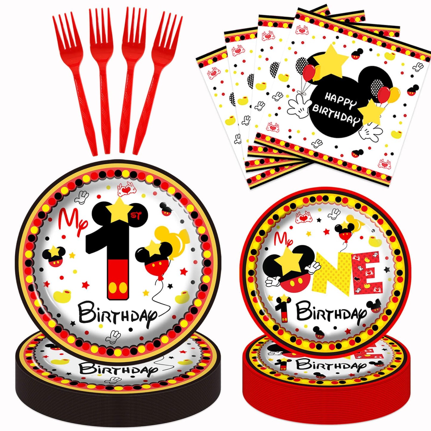XXDecor 80 Pcs Red Cartoon 1st Birthday Party Plates - Boys One Birthday Dessert Plates Napkins Forks Tableware Kit for Boys 1st Bday Party