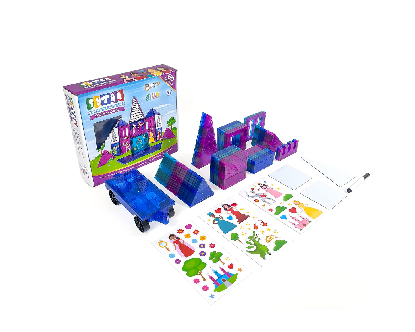Tytan Tiles Princess Castle 60-Piece Magnetic Tiles Building Set, Adorable Kids’ STEM Toy, Creative Play, Shape & Pattern Recognition, Fine Motor