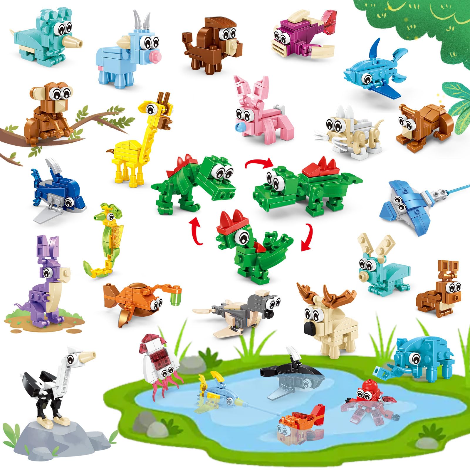 24 Packs Animals Building Sets for Kids,3 in 1, 72 Kinds of Transformable Building Block Toy,Compatible with Lego Party Favors,Classroom Student