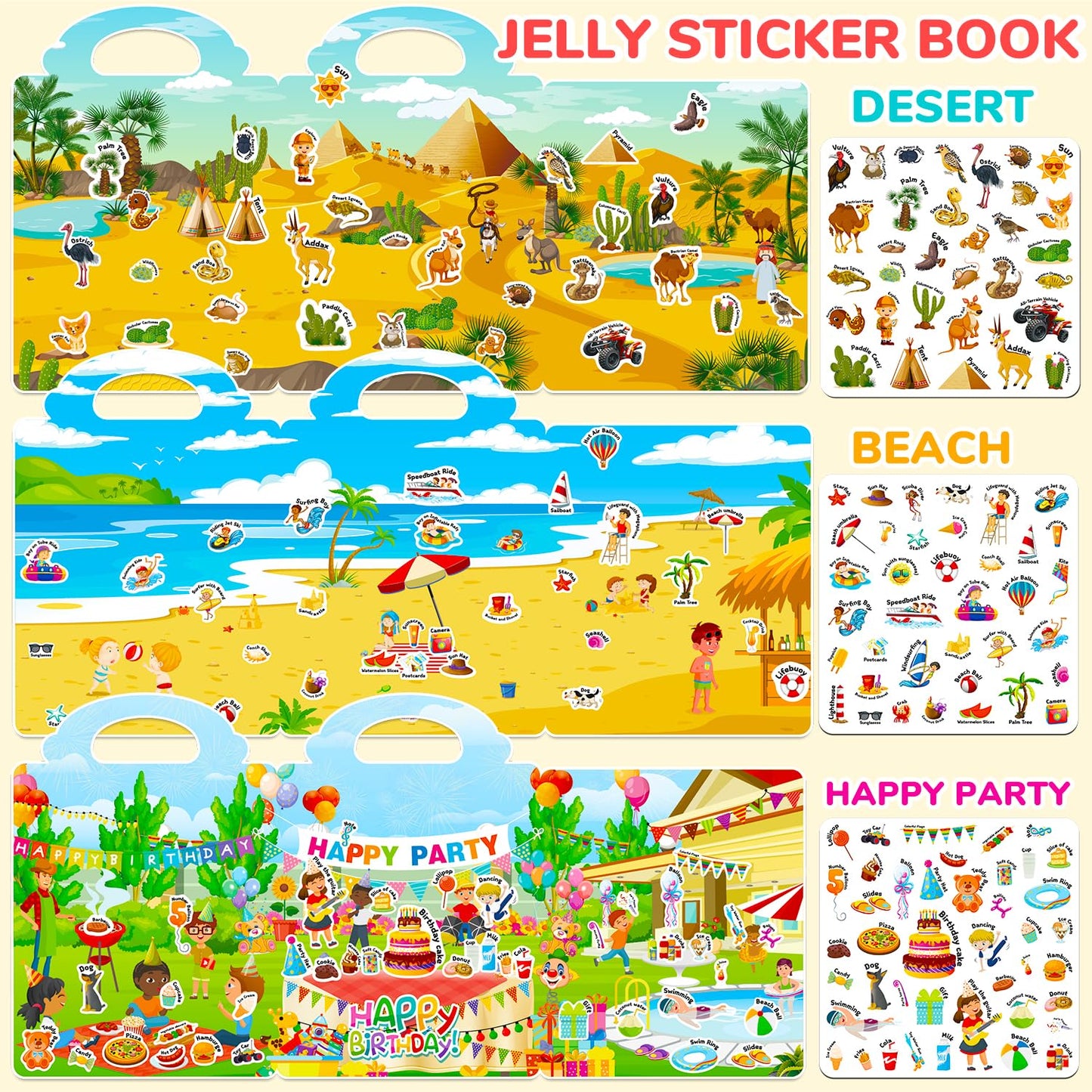 CREATIVETREES 6 Sets Reusable Sticker Book for Toddlers 1-3, Jelly Stickers Book for Kids 2-4, Travel Sticker Activity Toys for Childs 3 4 5 6 Years