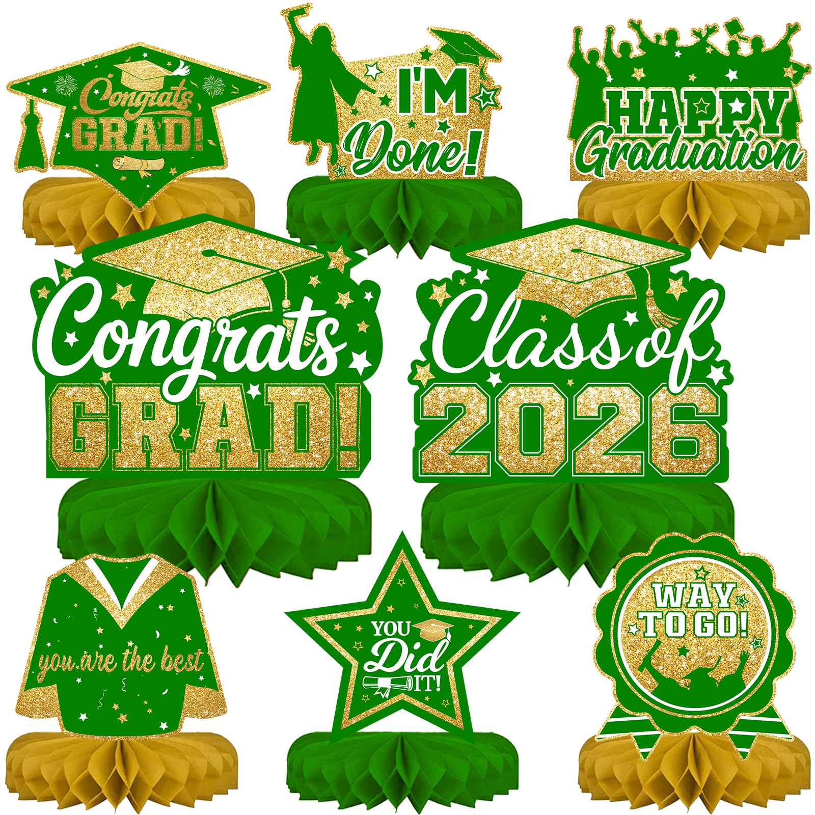 Green and Gold 8 Pieces Graduation Table Decorations, Class of 2026 Congrats Grad Honeycomb Centerpieces, GRAD Table Toppers Decor for Graduation