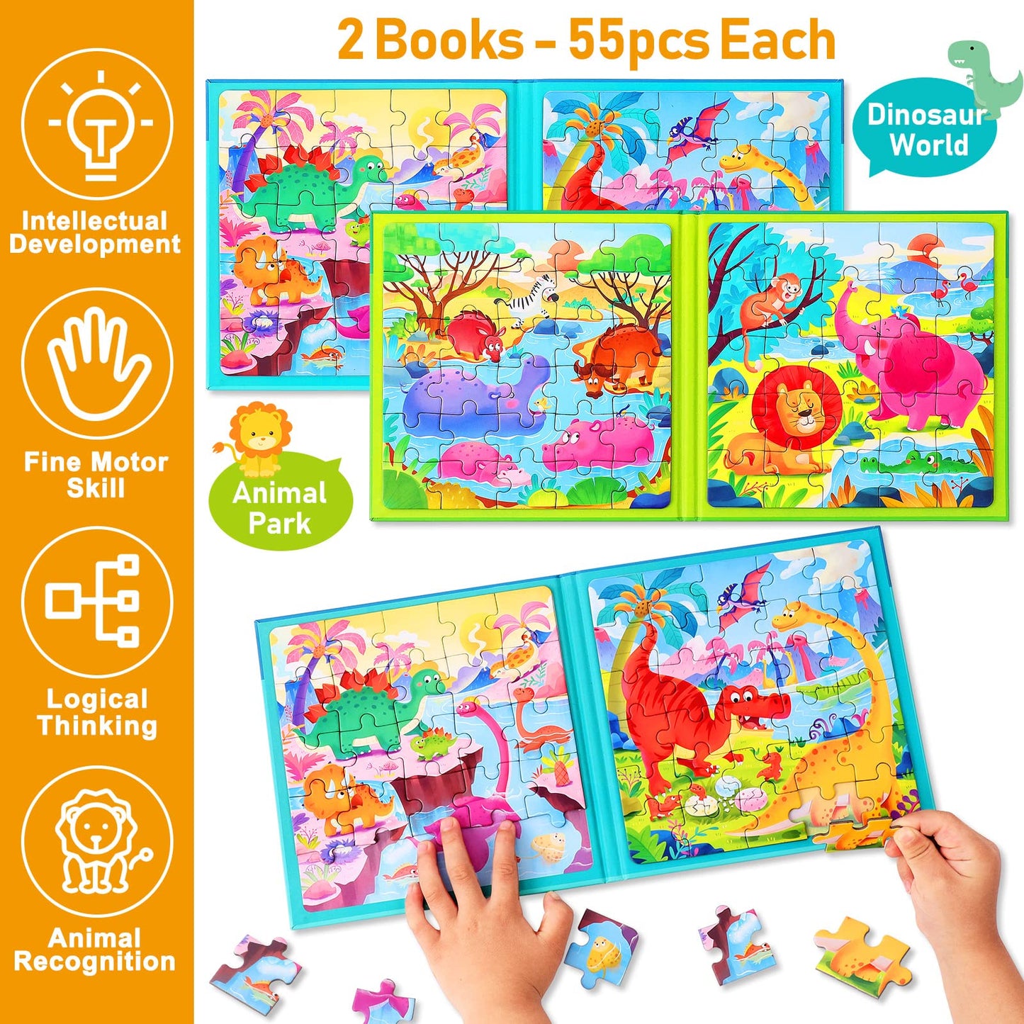 Magnetic Puzzles for Kids Ages 3-5, Two-Book Set, Dinosaur Animal Jigsaw Puzzle Magnet Books Travel Games Montessori Preschool Learning Activities