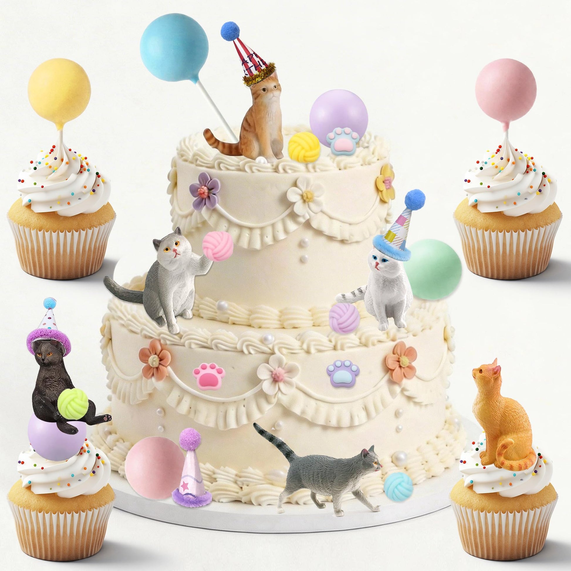 28Pcs Cat Cake Decorations, Cat Cake Toppers with Mini Hats, Animal Figure for Cat Themed Birthday Party, Pet Cake Supplies for Cat Lovers