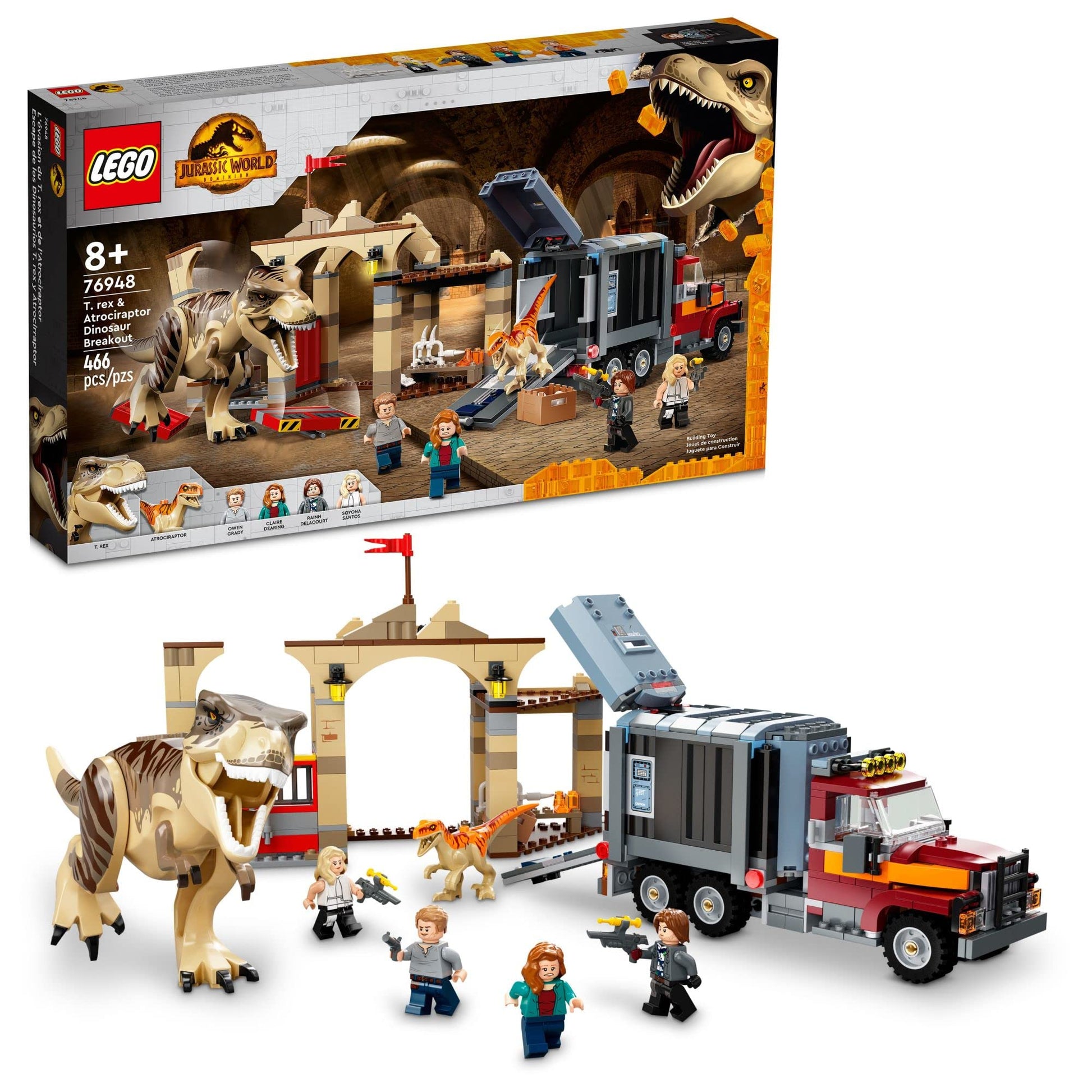 LEGO Jurassic World T. rex & Atrociraptor Dinosaur Breakout 76948 Dino Toy Set, Gift Toys for Kids Age 8 Plus with 4 Minifigures, Market and Truck,