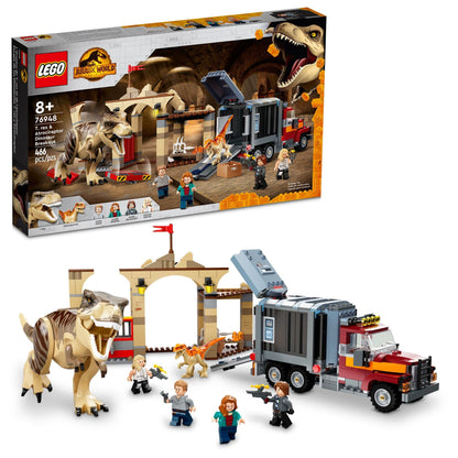 LEGO Jurassic World T. rex & Atrociraptor Dinosaur Breakout 76948 Dino Toy Set, Gift Toys for Kids Age 8 Plus with 4 Minifigures, Market and Truck,
