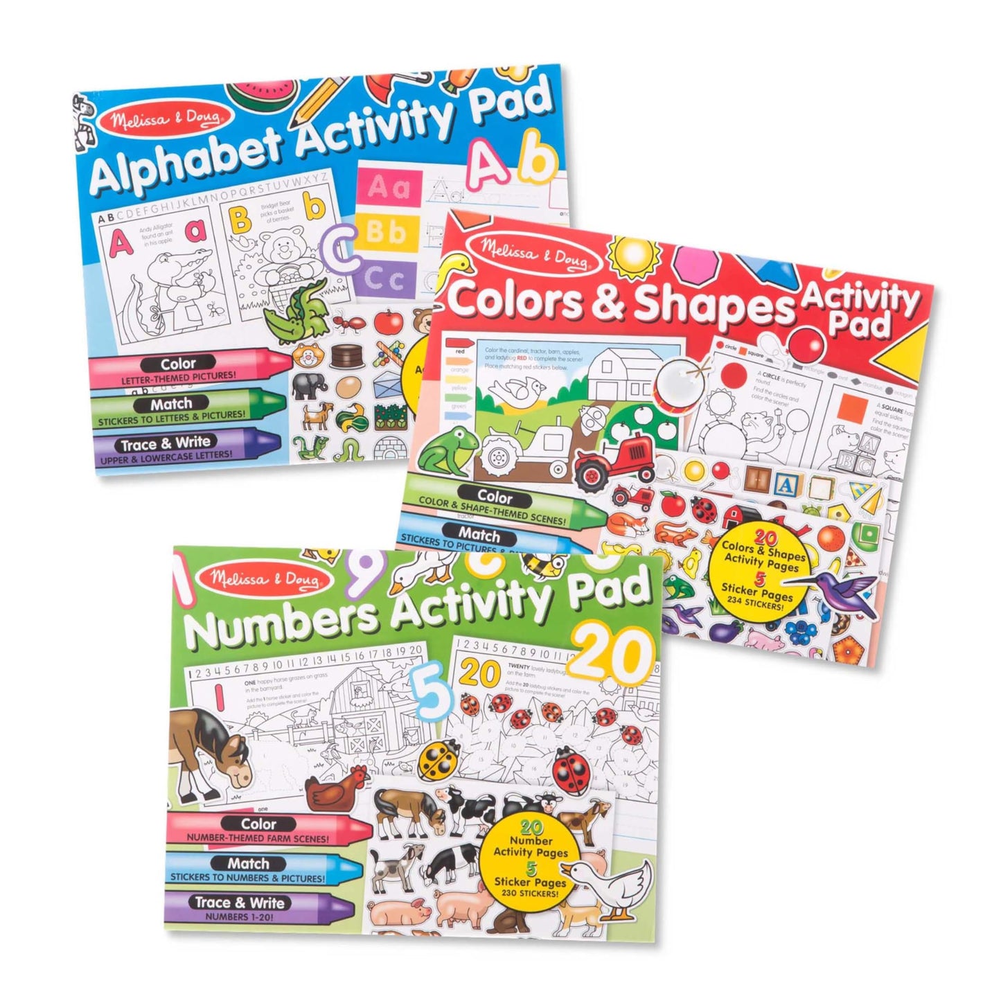 Melissa & Doug Activity Pad Bundle - Alphabet, Colors & Shapes & Numbers Sticker and Coloing Activity Books for Girls and Boys, Great Travel Toy