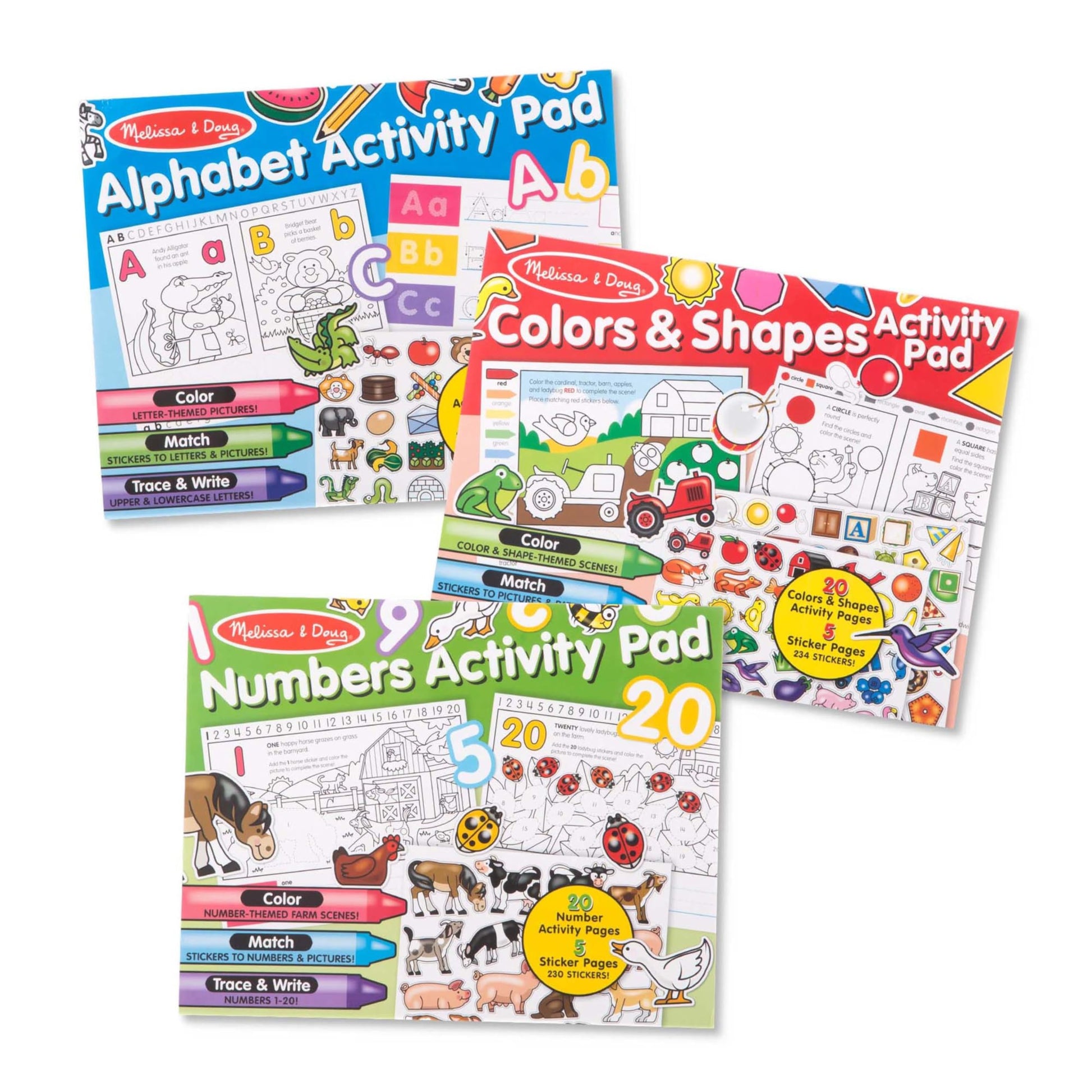 Melissa & Doug Activity Pad Bundle - Alphabet, Colors & Shapes & Numbers Sticker and Coloing Activity Books for Girls and Boys, Great Travel Toy