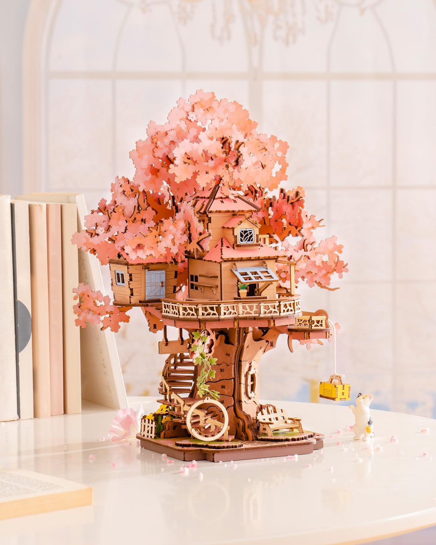 ROBOTIME DIY Miniature House Kits for Adults, 3D Wooden Puzzles for Teenager, Japanese Cherry Blossom Tree Sakura Bonsai Plants for Birthday Gifts