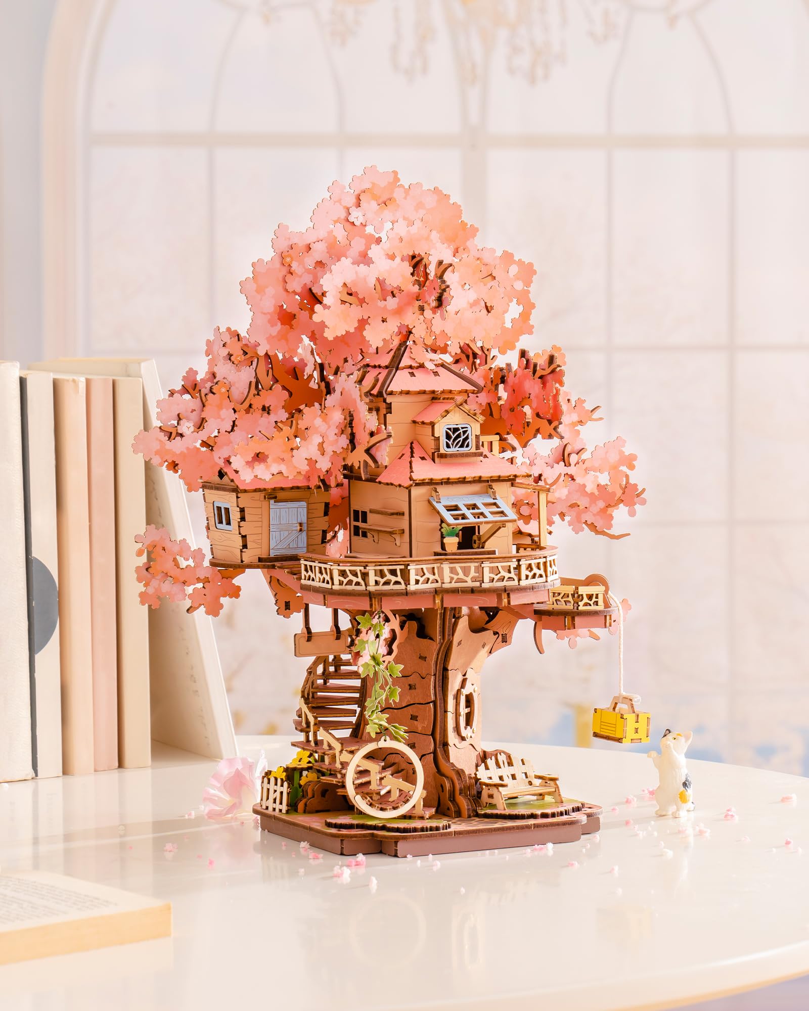 ROBOTIME DIY Miniature House Kits for Adults, 3D Wooden Puzzles for Teenager, Japanese Cherry Blossom Tree Sakura Bonsai Plants for Birthday Gifts