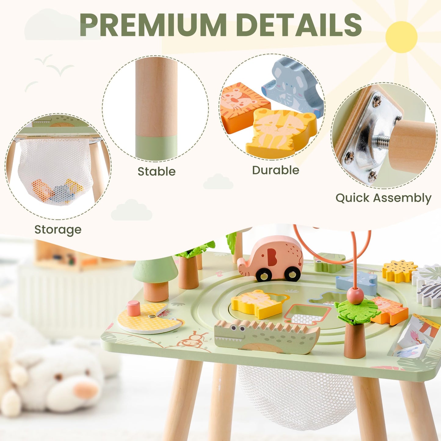ROBUD Activity Table, 11-in-1 Montessori Learning Table with Bead Maze, Gears, Track, Shape Matching, Storage & More, Wooden Montessori Toys