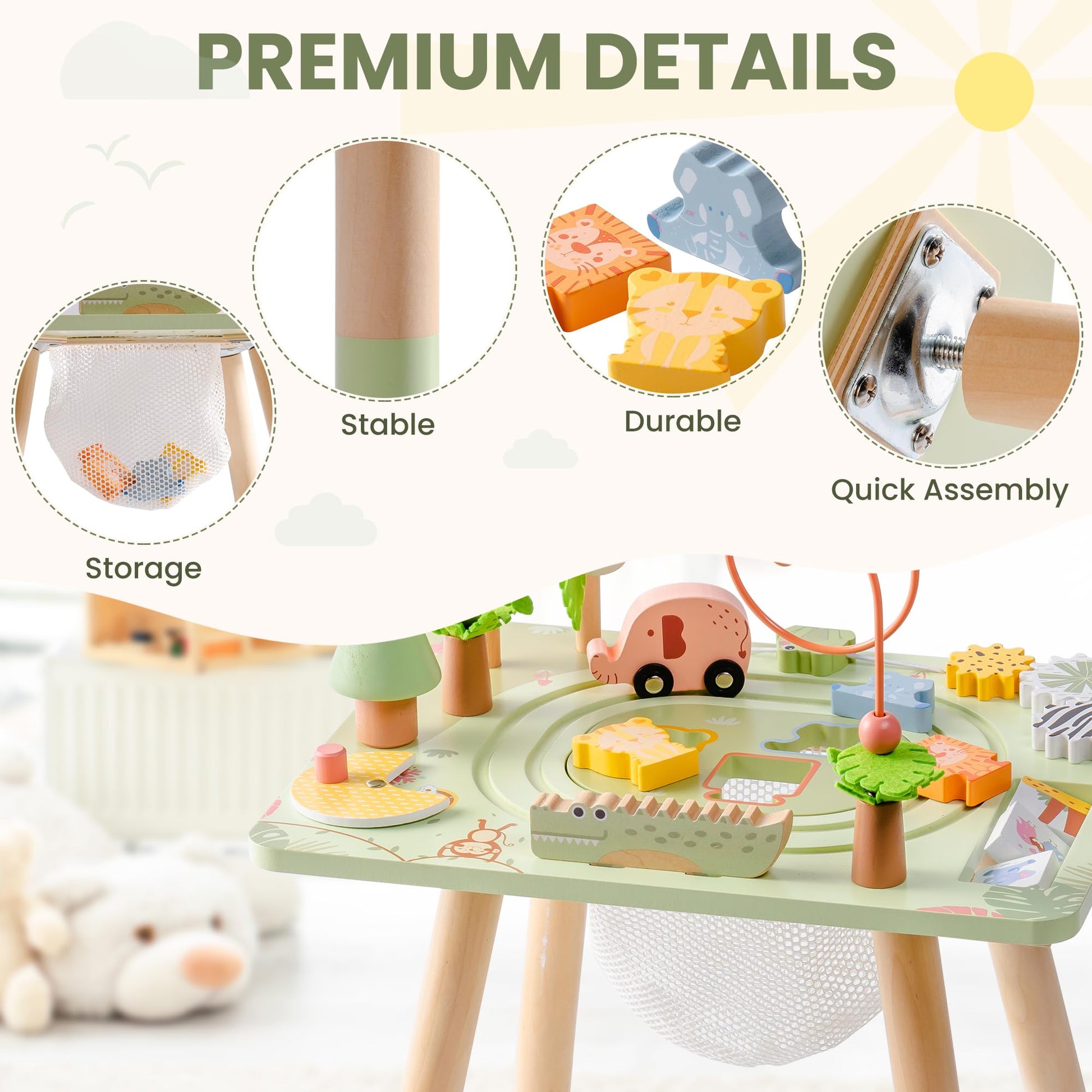 ROBUD Activity Table, 11-in-1 Montessori Learning Table with Bead Maze, Gears, Track, Shape Matching, Storage & More, Wooden Montessori Toys