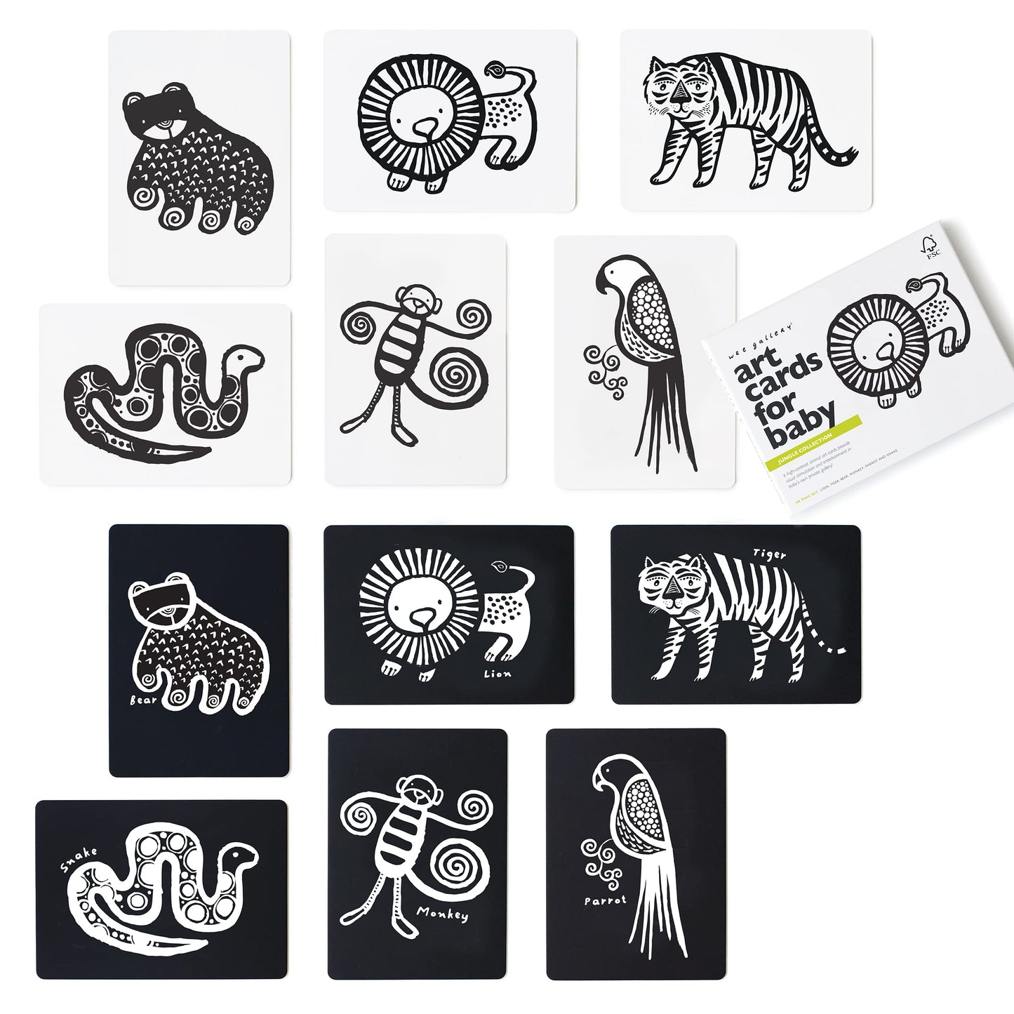 Wee Gallery High Contrast Cards for Baby - Black and White Jungle Animals