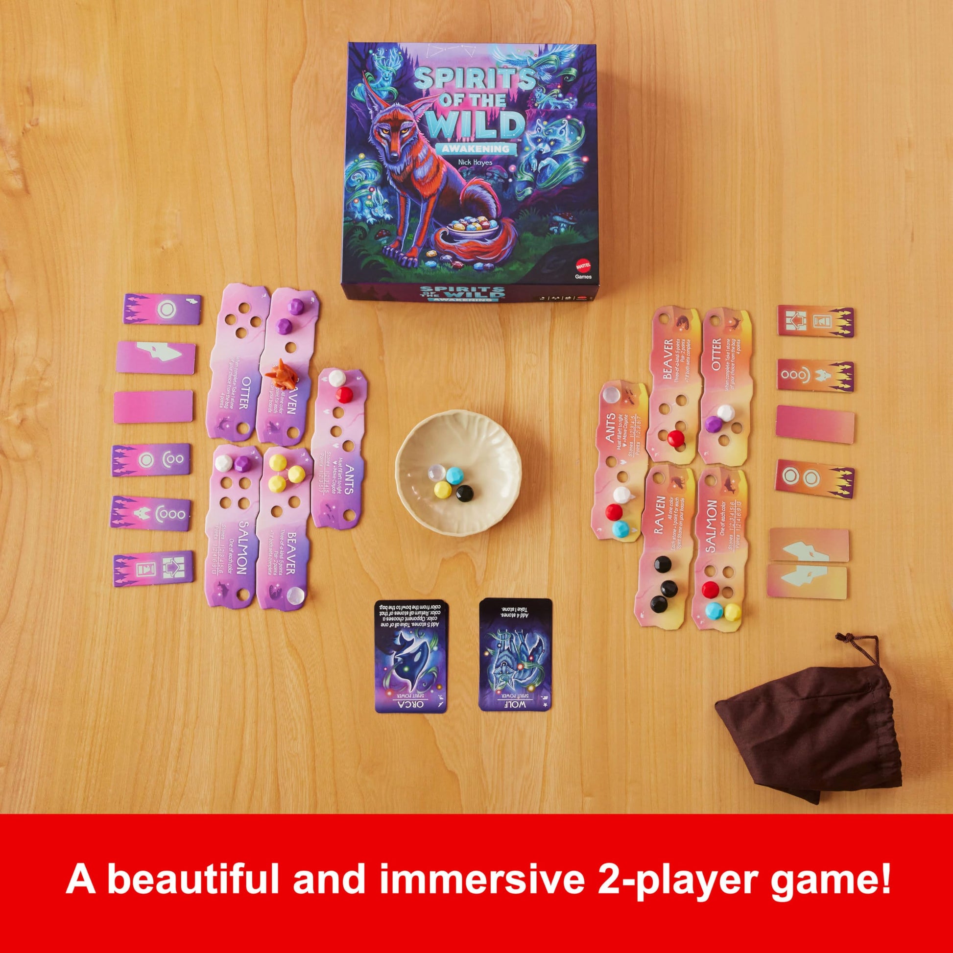 Mattel Games Spirits of the Wild: Awakening Relaxing, Light Strategy Board Game for 2 Players with Stones, Bowl and Coyote Figure