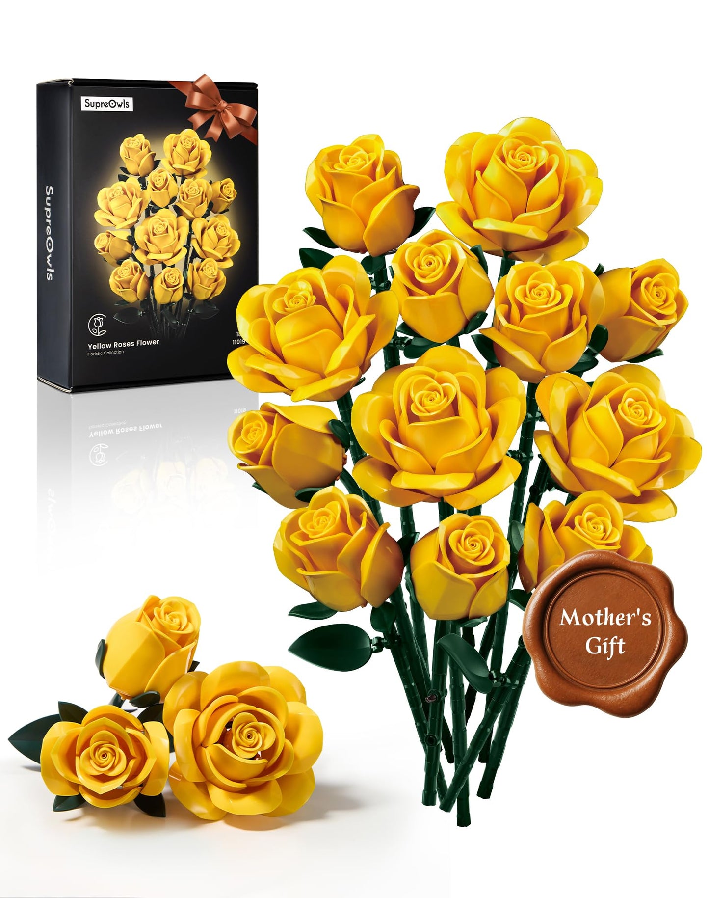iATOM Yellow Rose Bouquet Building Set, 12Pcs Flowers Botanical Collection Kit for Adults, for Her/Girlfriend/Mom/Wife/Couple, Modern Home Office