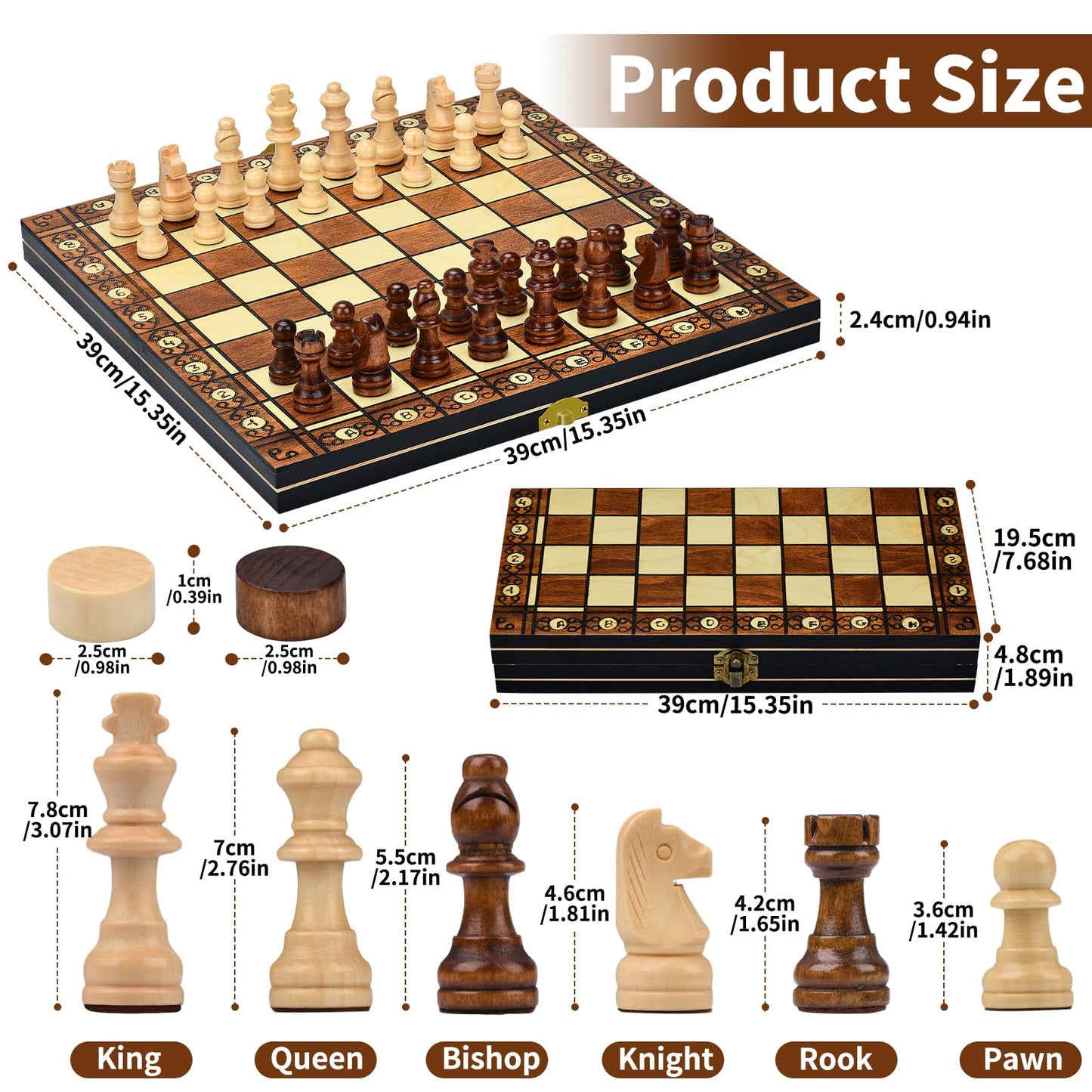 Aissom Magnetic Wooden Chess Set, 2 in 1 Chess Set, 15" Chess Set with Storage and 2 Extra Queens, Foldable for Parties and Family Activities, Travel