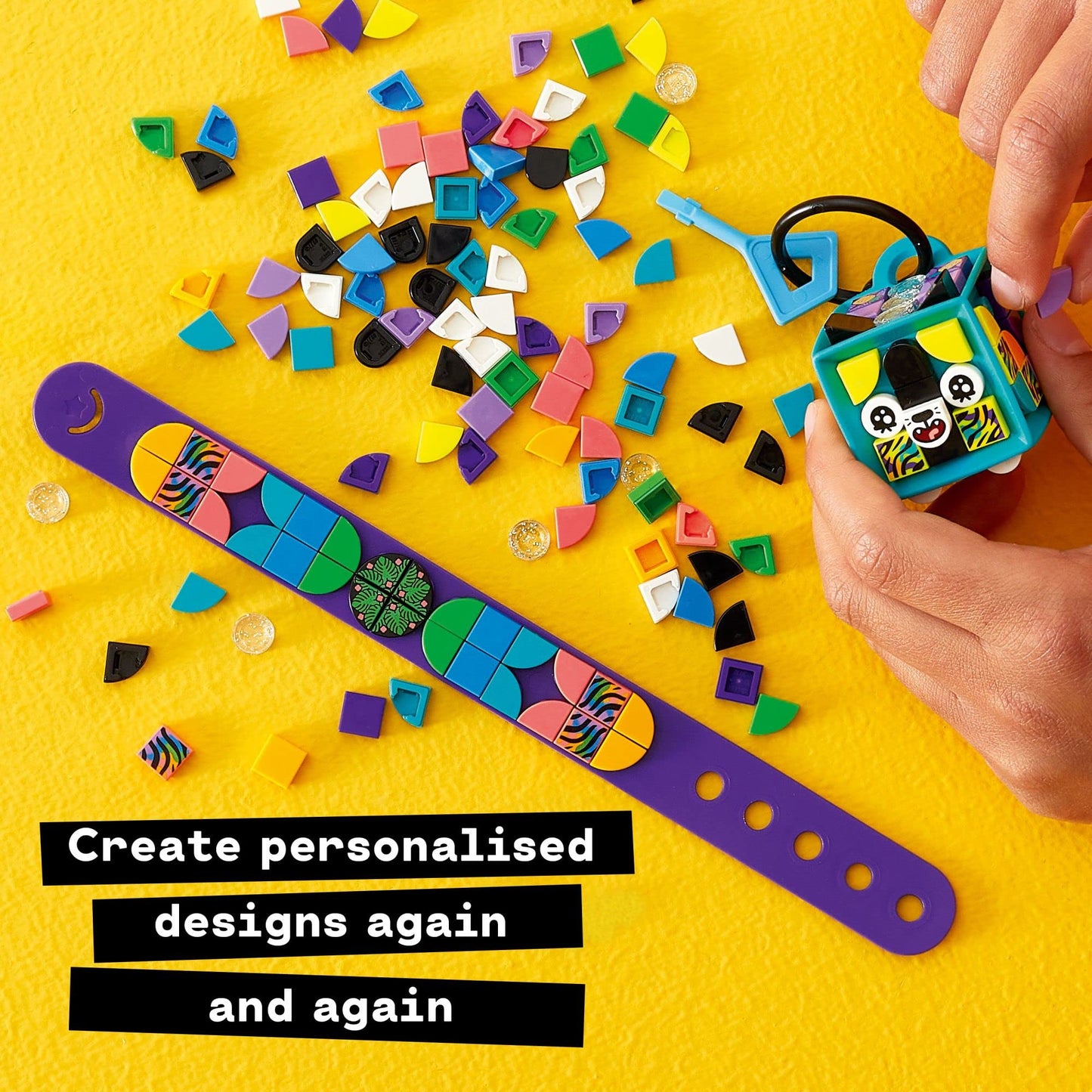 LEGO DOTS Neon Tiger Bracelet & Bag Tag 41945 DIY Craft Kit Bundle; A Creative Gift for Animal Fans Who Like to Make Keychain-Style Accessories; Fun