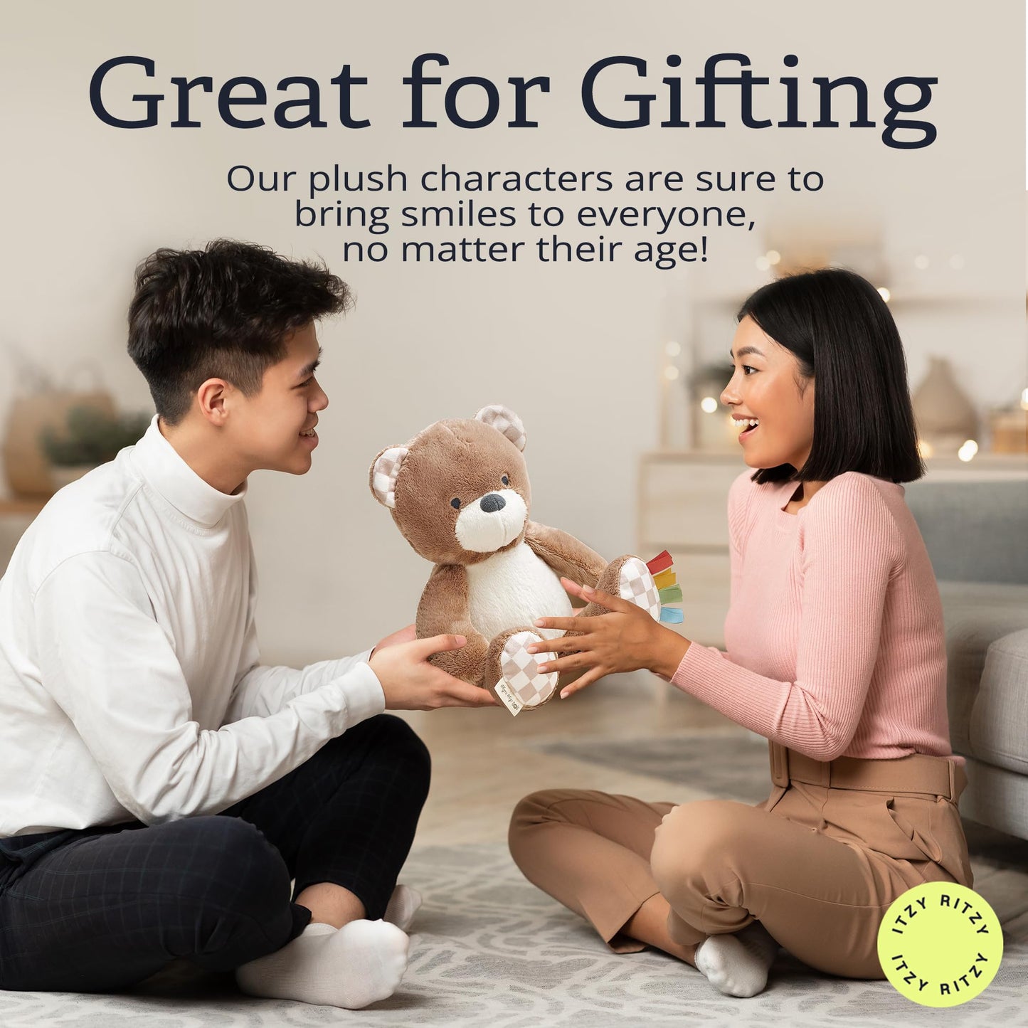 Itzy Ritzy Snuggles Plush Toy - Soft Stuffed Animal for Babies, Kids & Adults - Sensory Ribbons & Textured Fabrics for Tactile Play - Cozy & Cuddly